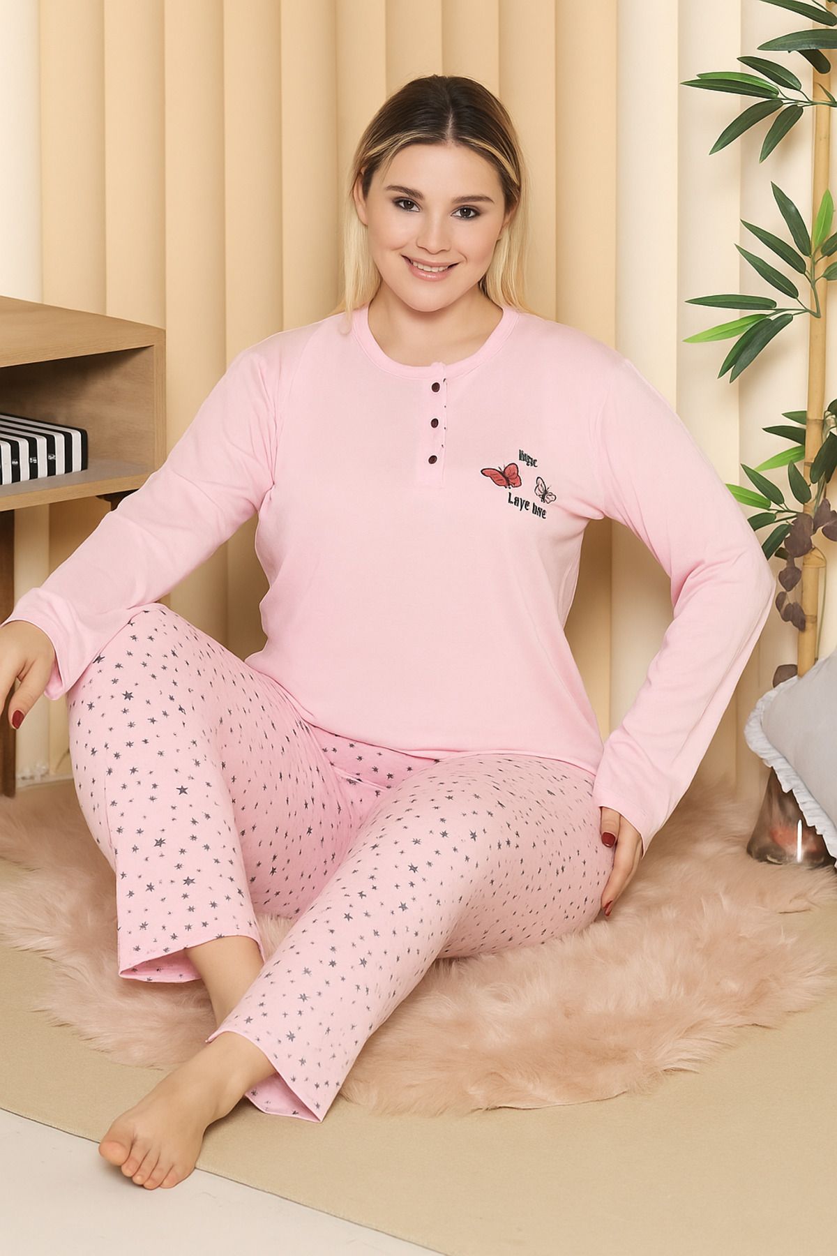 nacar çarşı Kadın Pembe Uzun Kol Düğmeli Yıldız Desenli Geniş Kalıp Pamuklu Pijama Takımı