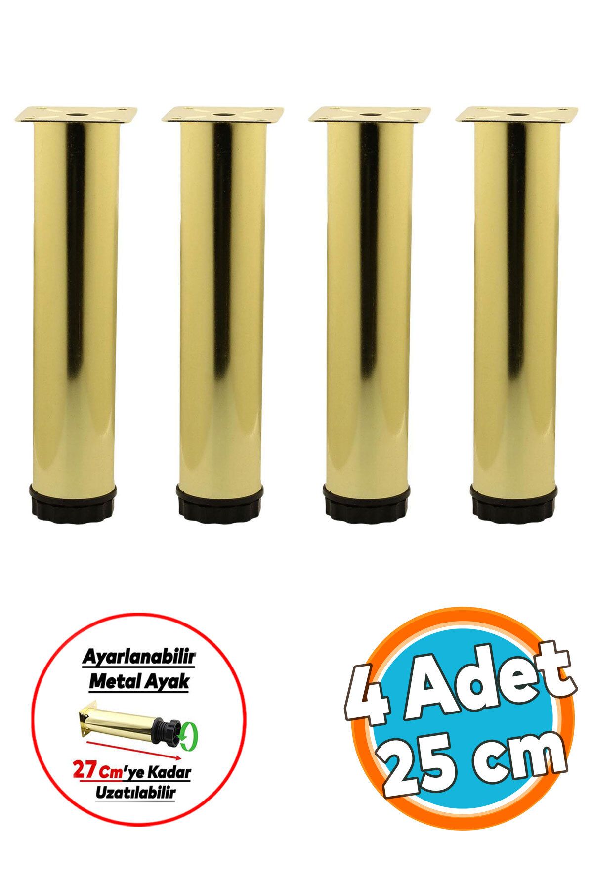 NZB Mobilya Kanepe Sehpa TV Ünitesi Koltuk Ayağı Ayarlanabilir 25 cm Gold Altın Metal Baza Ayak 4 Adet