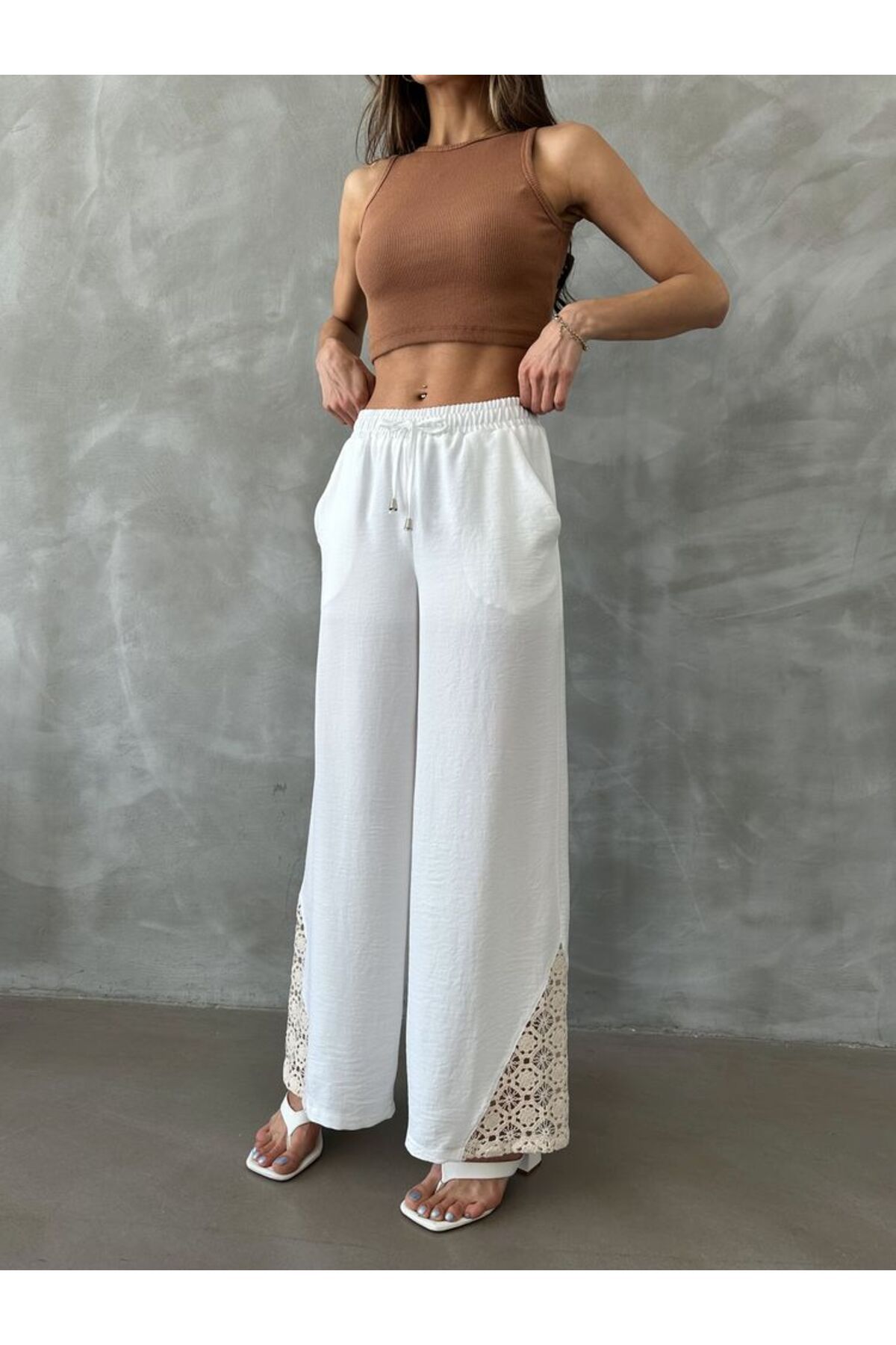 studio fashion 1988 Kadın Beyaz Premium Bağcıklı Krem Nakışlı Dantelli Pamuklu Keten Pantolon