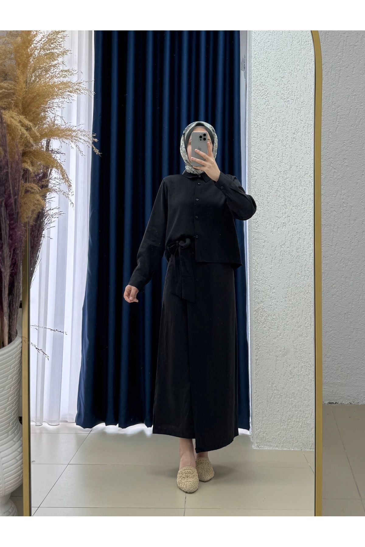 Ebrar Store Tiresia Crop Gömlek Bağlamalı Etekli Takım-BN4350 Siyah