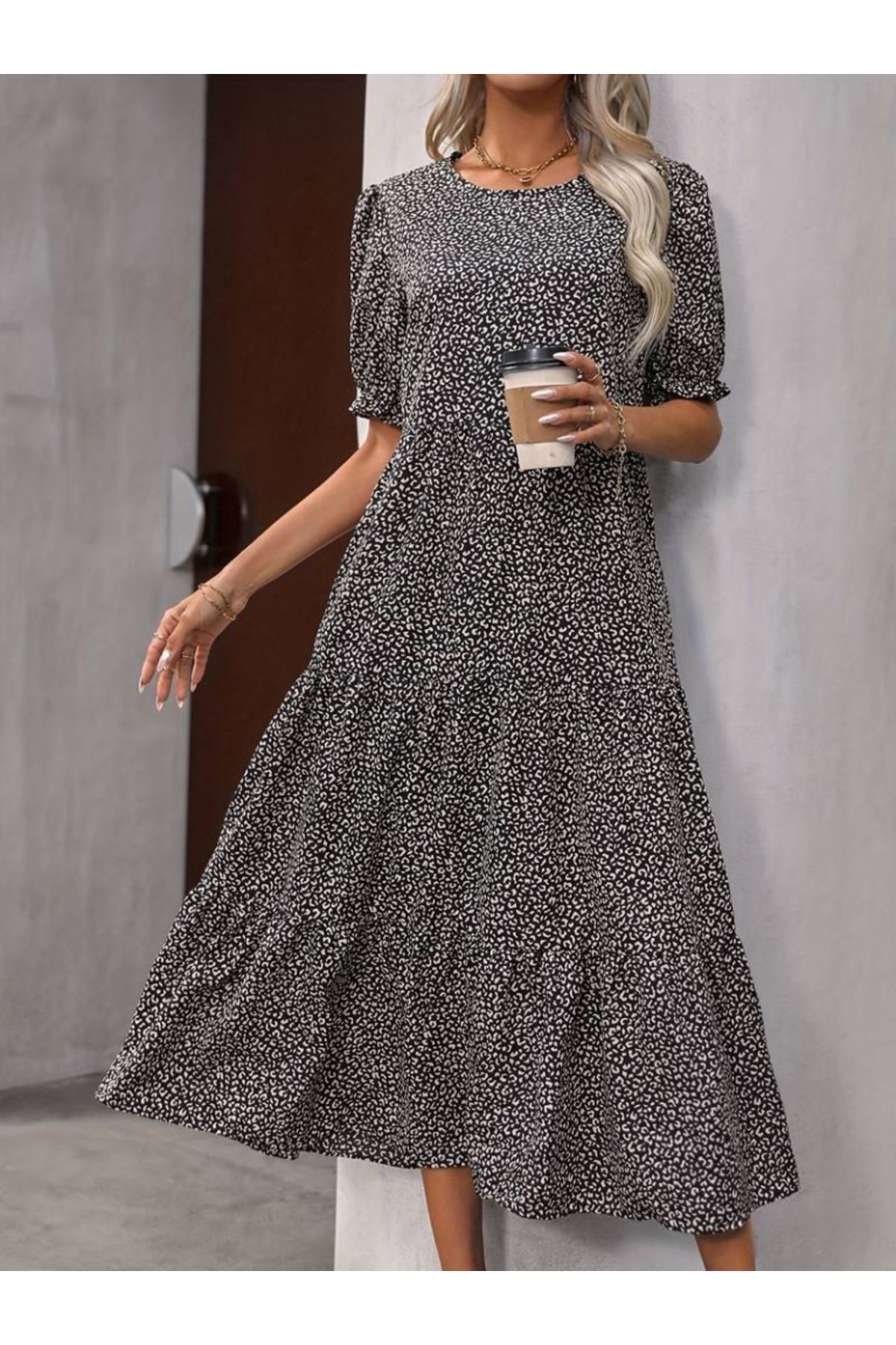 velmorafashion Kadın Mini Leopar Desen Midi üç Kat Elbise