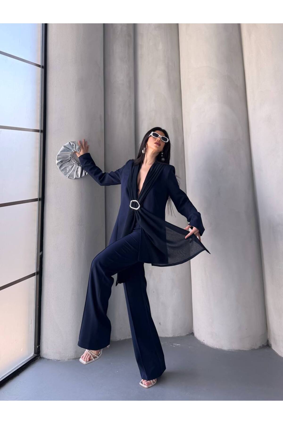 Women's Blazer Suit with Shawl Detail Two-Piece Navy Blue - Görsel 3