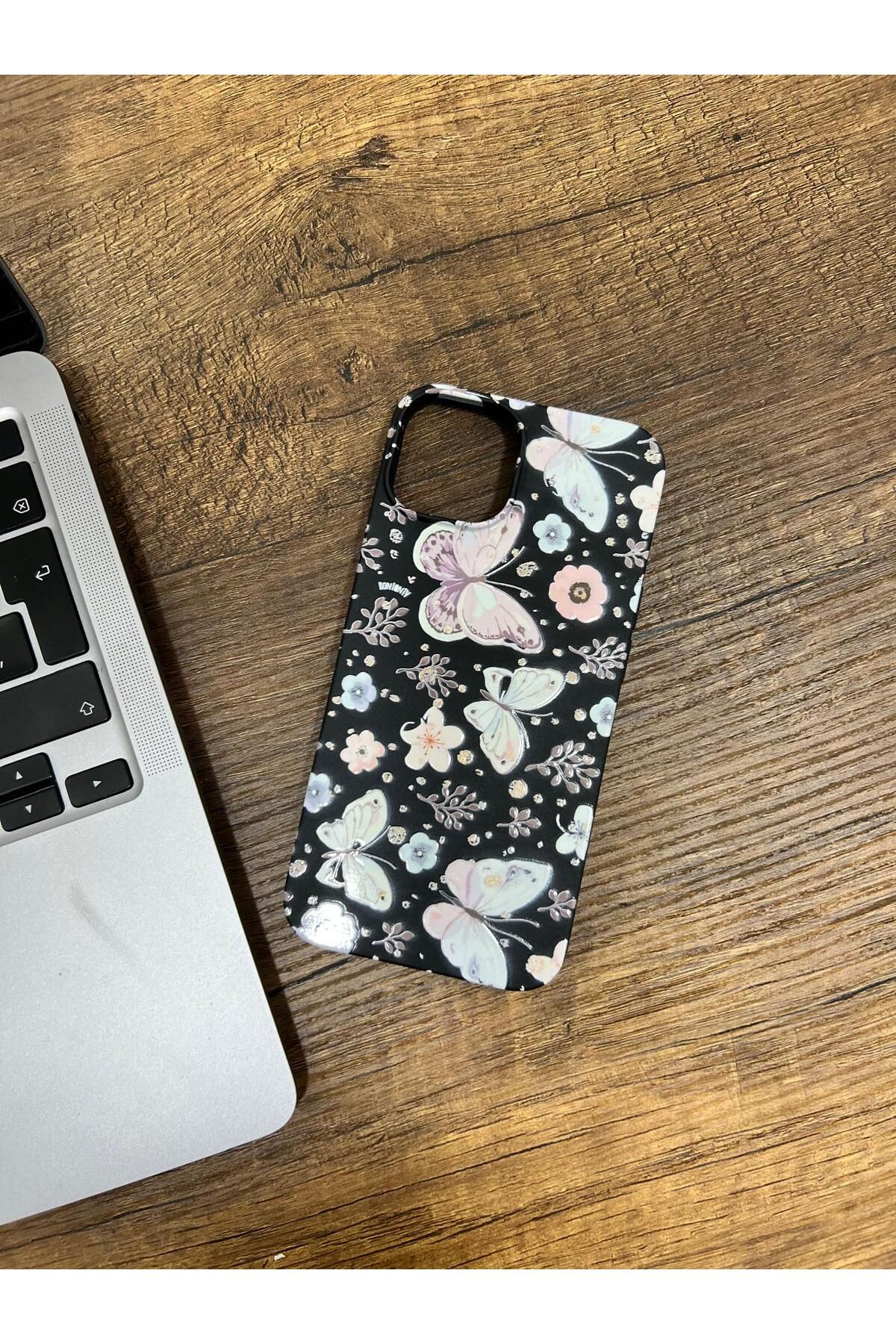 HZR Iphone 13 Siyah Kelebek Çiçek Desenli Silikon Kılıf