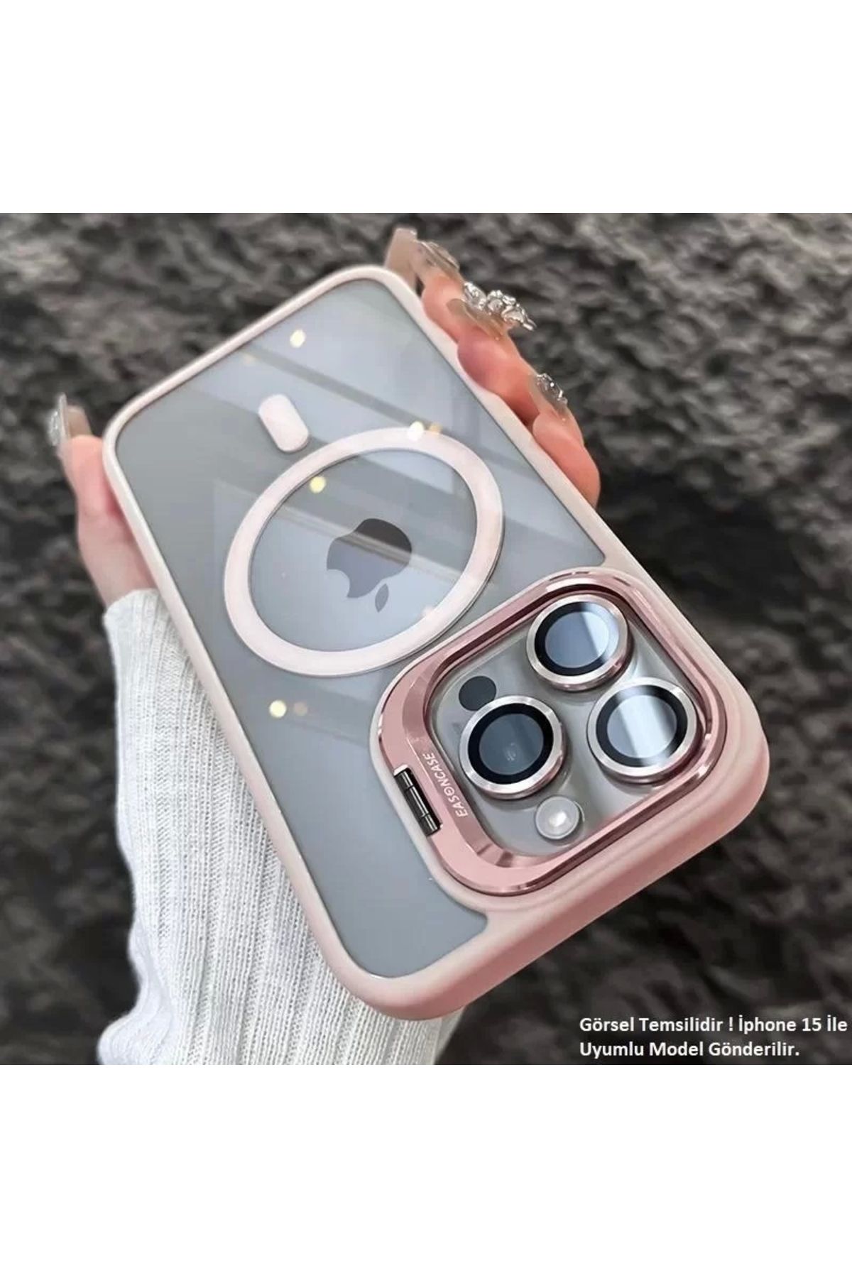 Miscase iPhone 15 Pro Max Uyumlu Kılıf Klon Stantlı + Lens Korumalı MagSafe Kapak