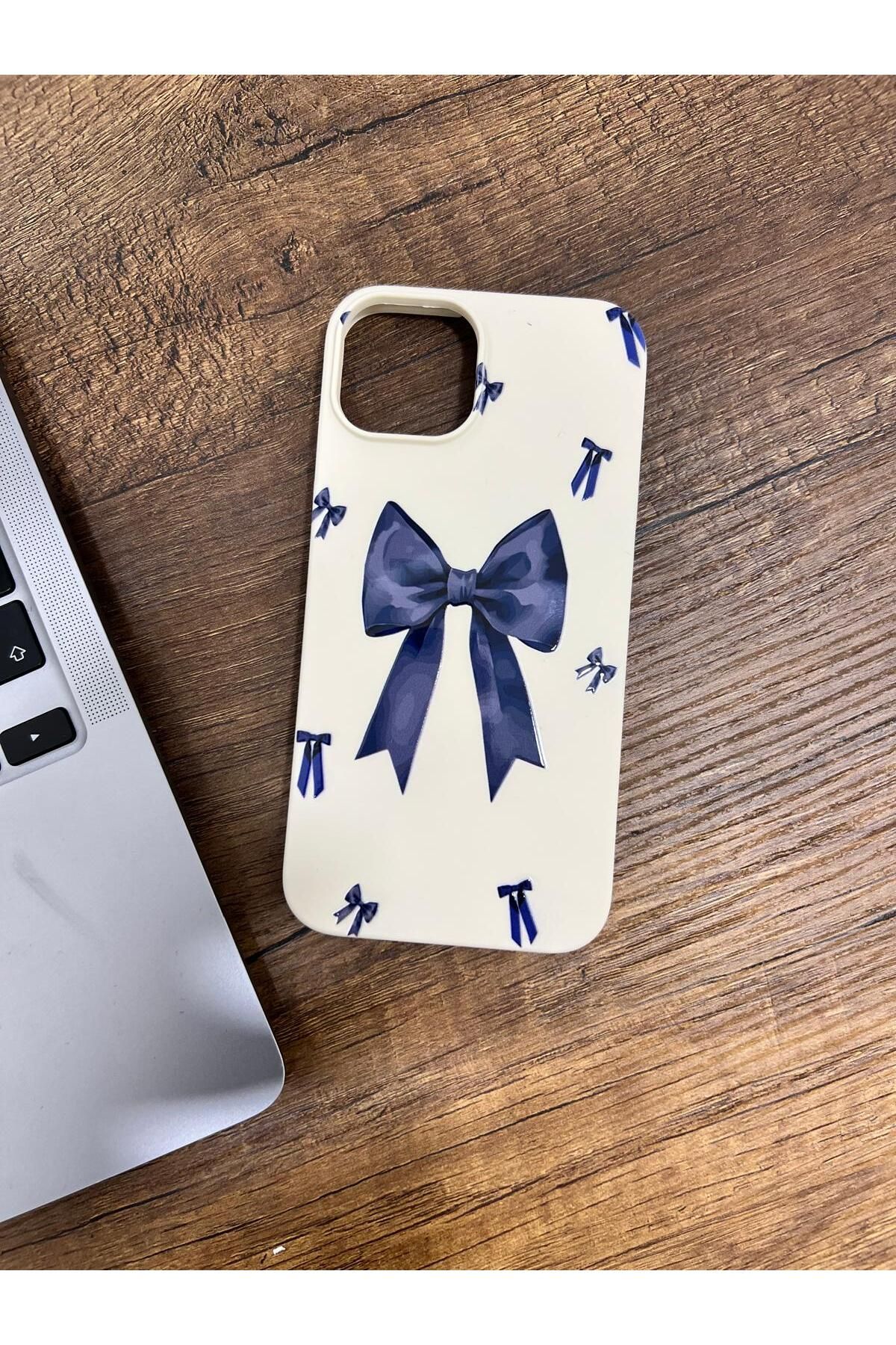 HZR Iphone 13 Beyaz Büyük Mavi Kurdele Desenli Silikon Kılıf