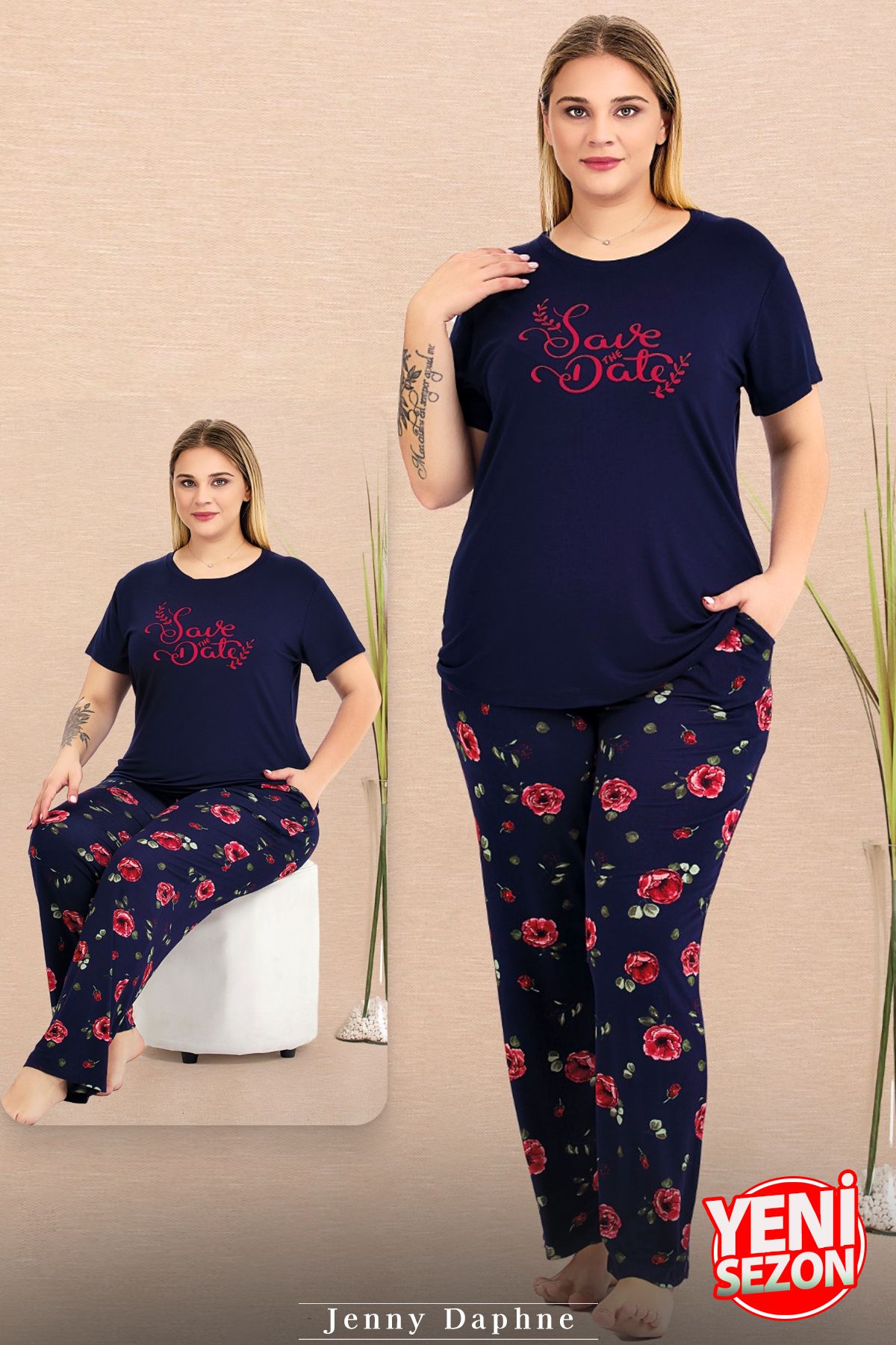 Jenny Daphne Lady Büyük Beden Lacivert Çiçek Desenli Pijama Bisiklet Yaka Kısa Kollu Pijama Takımı 11025