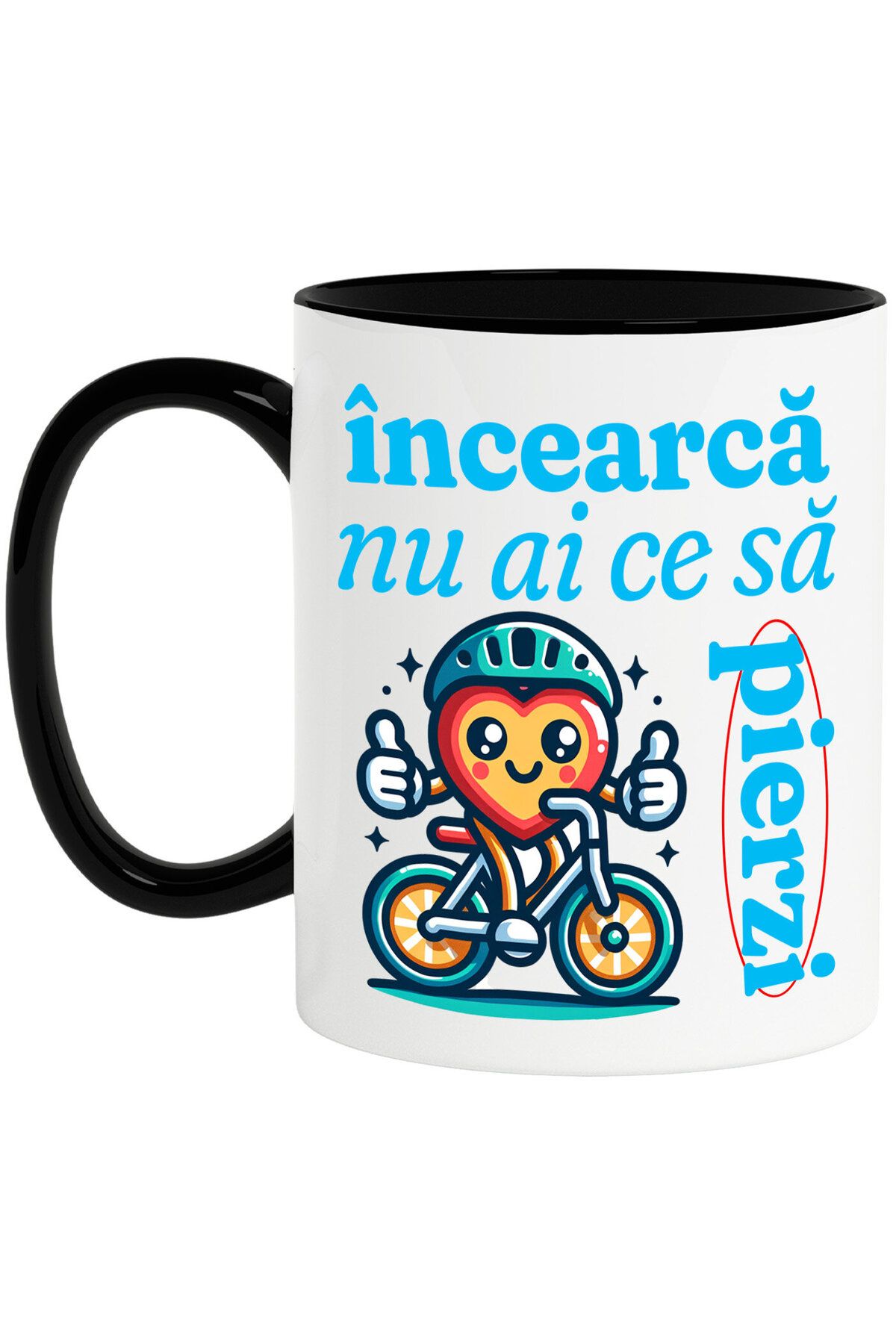 StoryGift Romania Cana Cu Inima Colorata Cu Casca De Protectie Pe Bicicleta Plimbare Sport Text In, Cu Maner Negru Stg - One Size