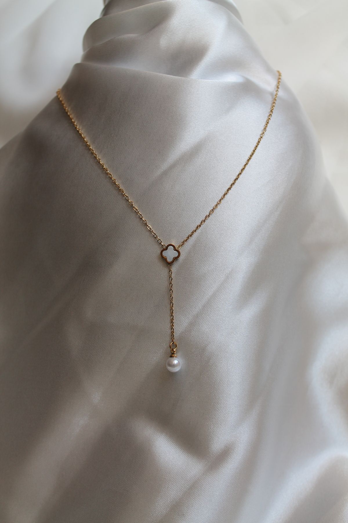 TEDDY JEWELLRY İnci Sallantılı Ortası Beyaz Gold Çelik Kolye