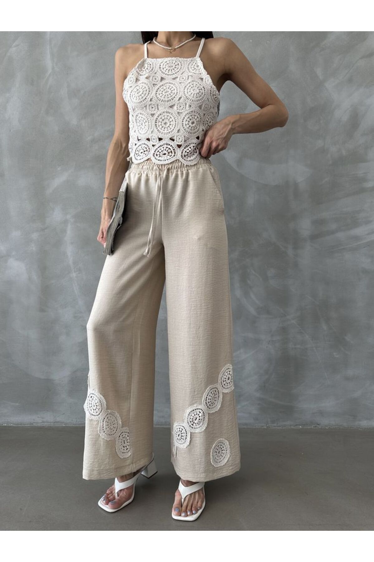 studio fashion 1988 Kadın Beyaz Premium Bağcıklı Krem Nakışlı Dantelli Pamuklu Keten Pantolon