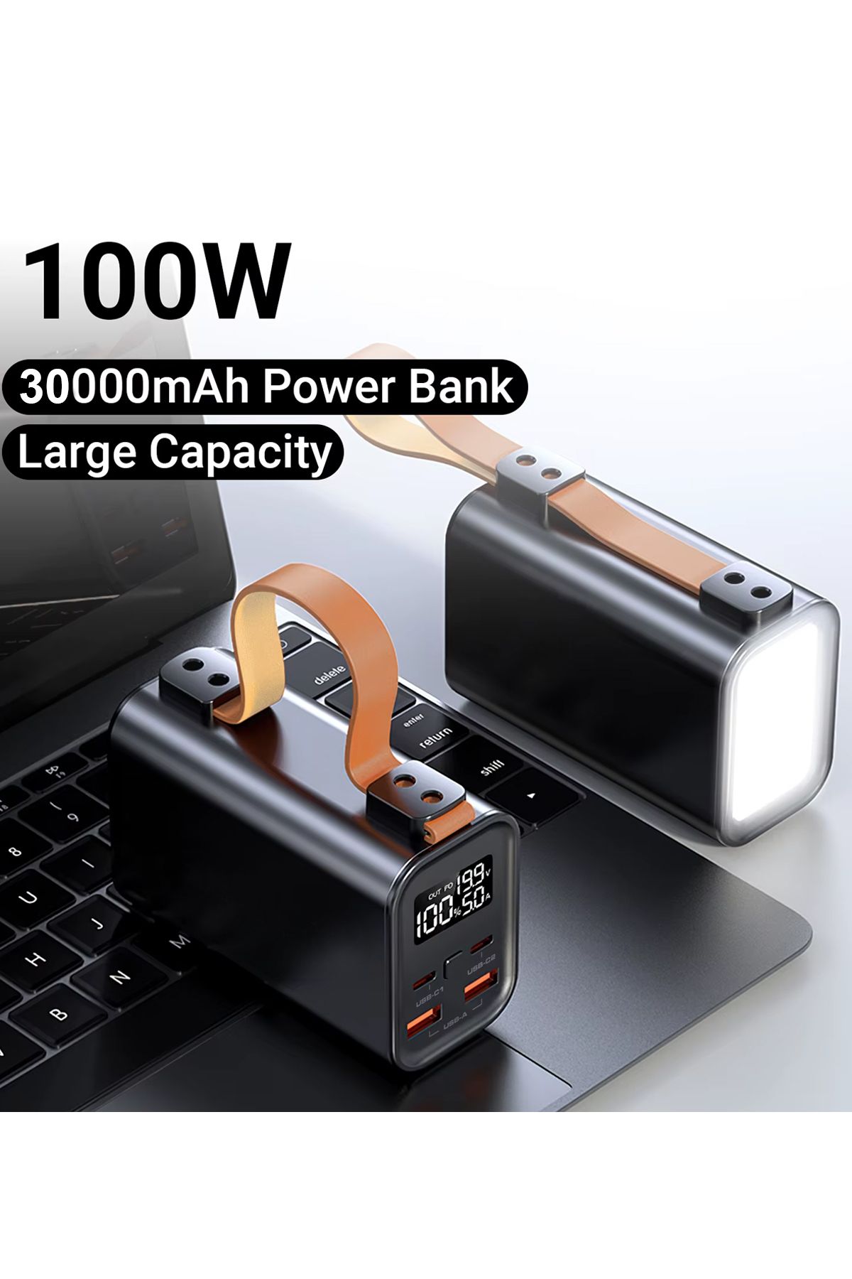 The Wlue 30000 mAh 100W PD Hızlı Şarj Powerbank, Laptop Şarj, Fenerli, 2 Port USB A, 2 Port Type-C Çıkış