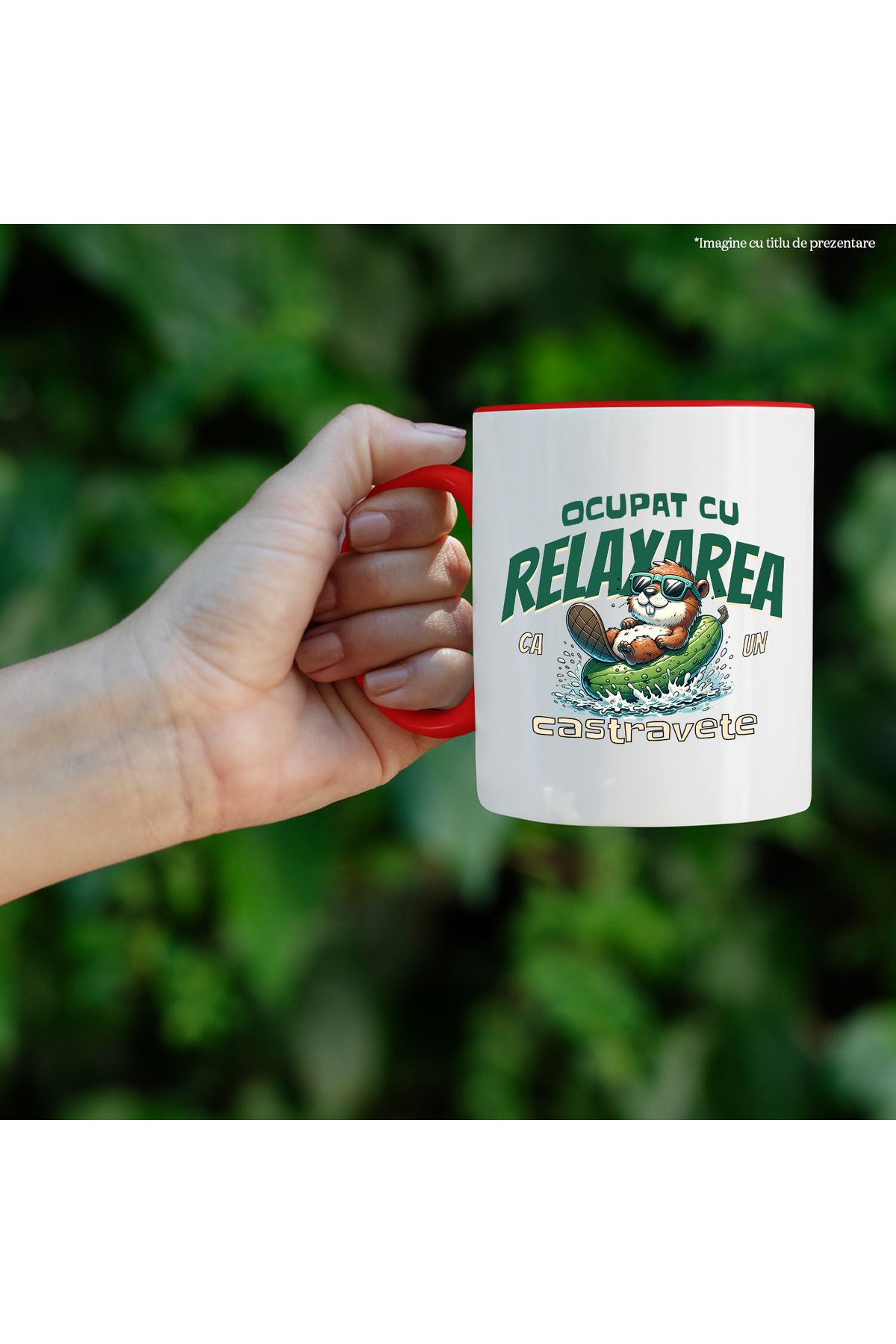 StoryGift Romania-Mug busy relaxing like a cucumber, 330ml, Ceramic with Red Handle, With Red Handle, STG. 2