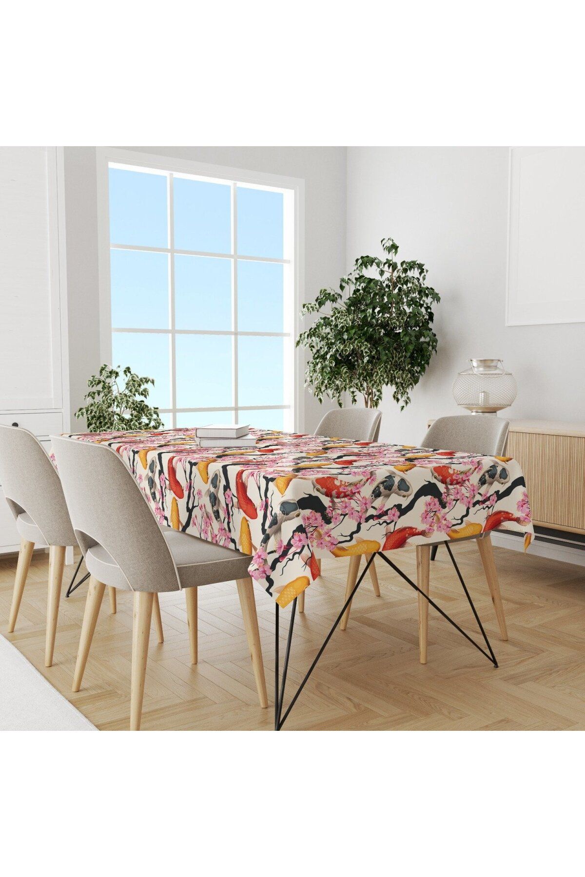 Home Marin Çiçekli Balık Desenli Dertsiz Masa Örtüsü 140 x 220 cm