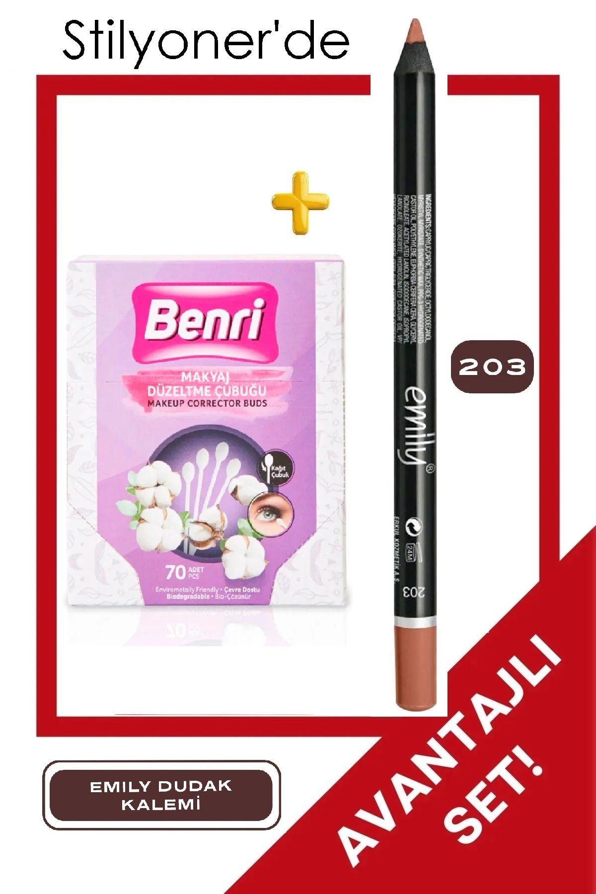 EMILY 203 Dudak Kalemi + Makyaj Düzeltme Çubuğu (Toplam 2 Adet) Avantajlı Set