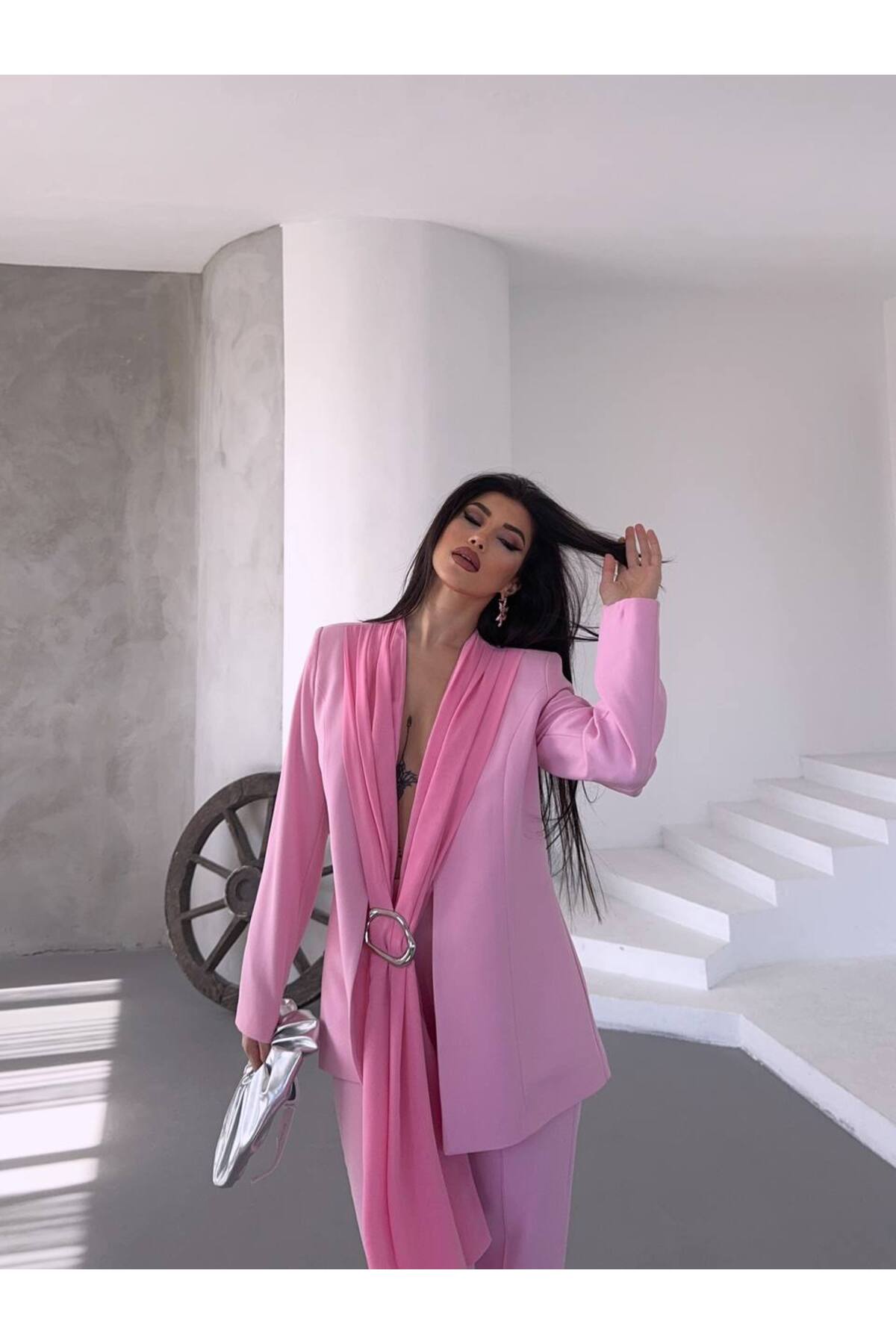 Ensemble Blazer Femme avec Détail Châle Poudre - Görsel 3