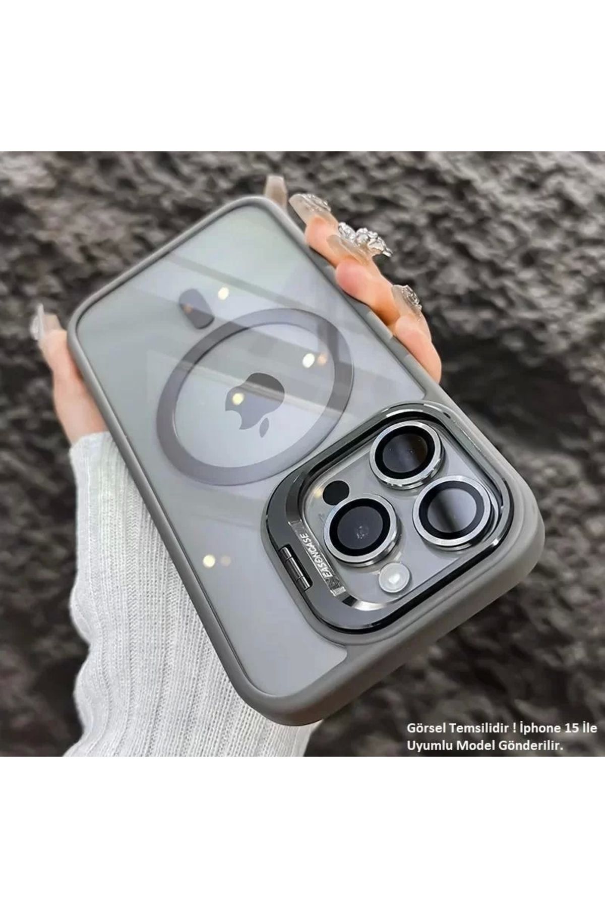 Miscase iPhone 15 Pro Max Uyumlu Kılıf Klon Stantlı + Lens Korumalı MagSafe Kapak