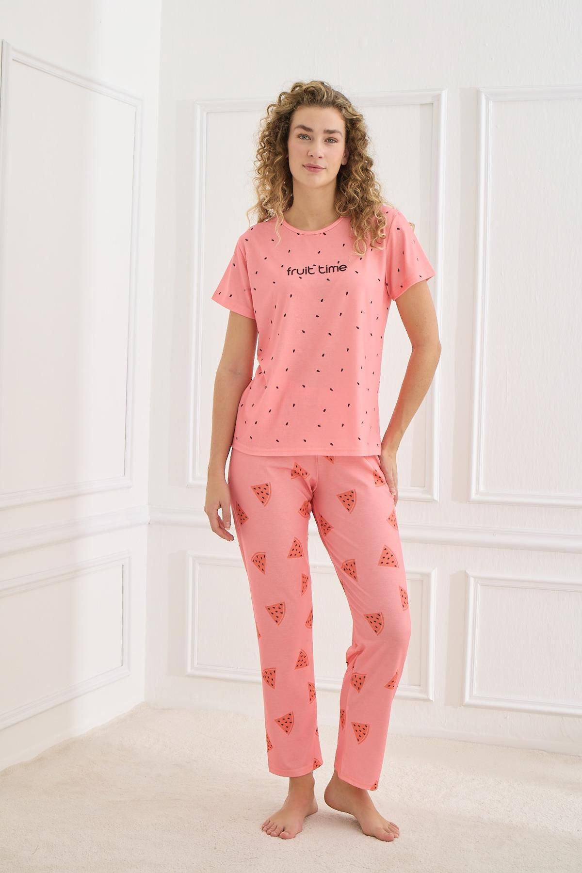 Kompedan Kadın Desenli Likralı Süprem Bisiklet Yaka Pijama Takım | Pembe 70109-921
