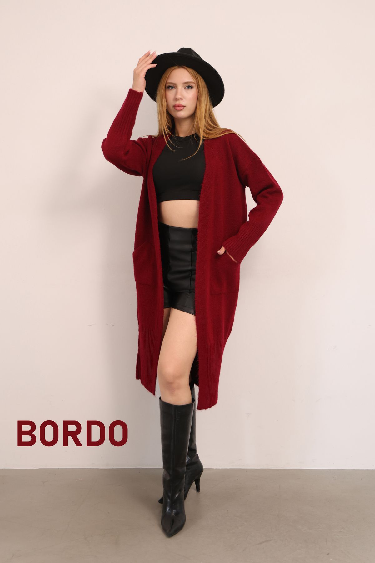 ALCHON U Yaka Uzun Kollu Midi Boy Yumuşak Dokulu Cepli Sade Basic Düz Kışlık Sonbaharlık Triko Hırka