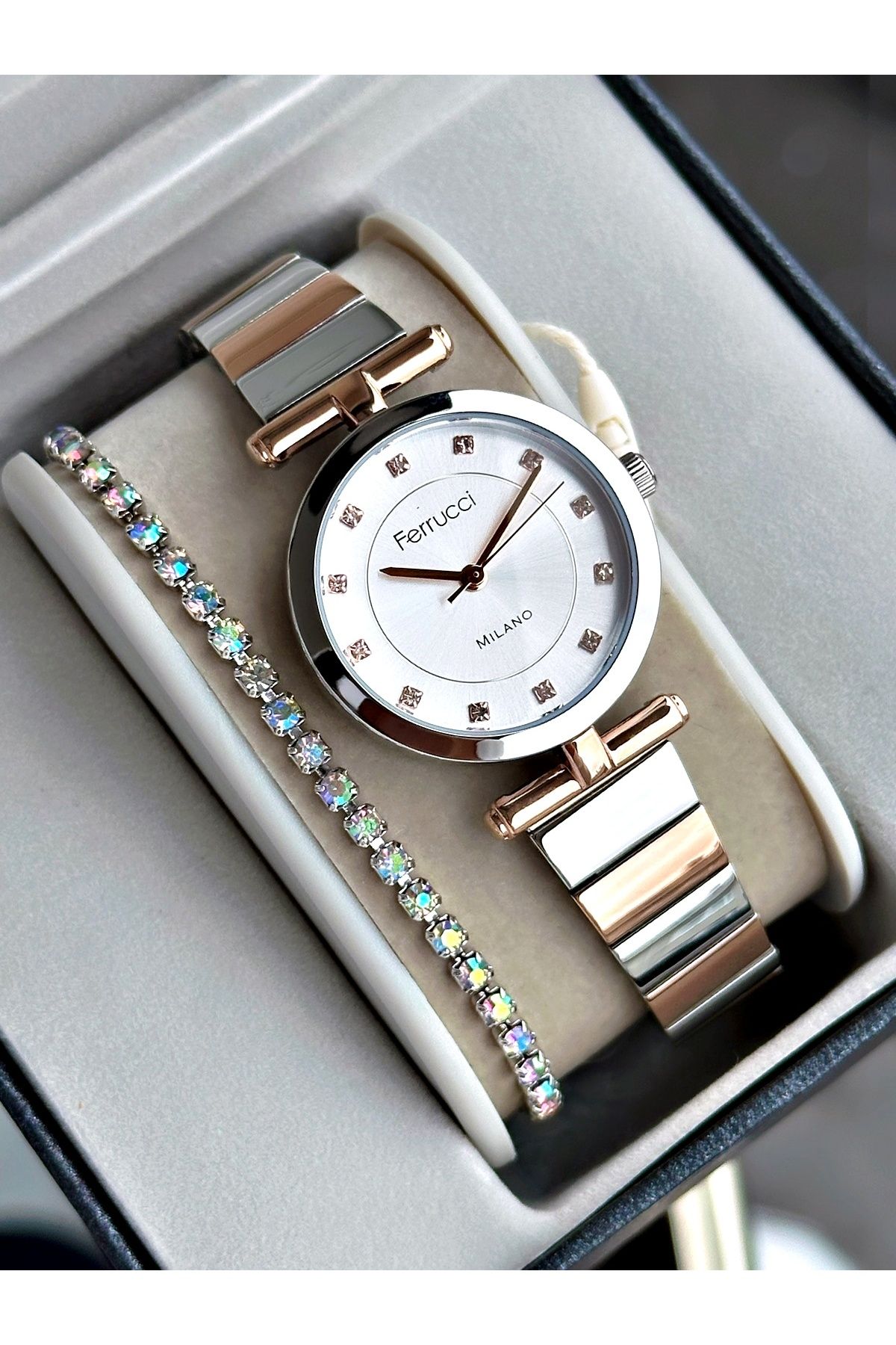 Ferrucci Rose Gold Gümüş Renk Sade Model Klasik Çelik Kordon Kadın Kol Saati + BİLEKLİK