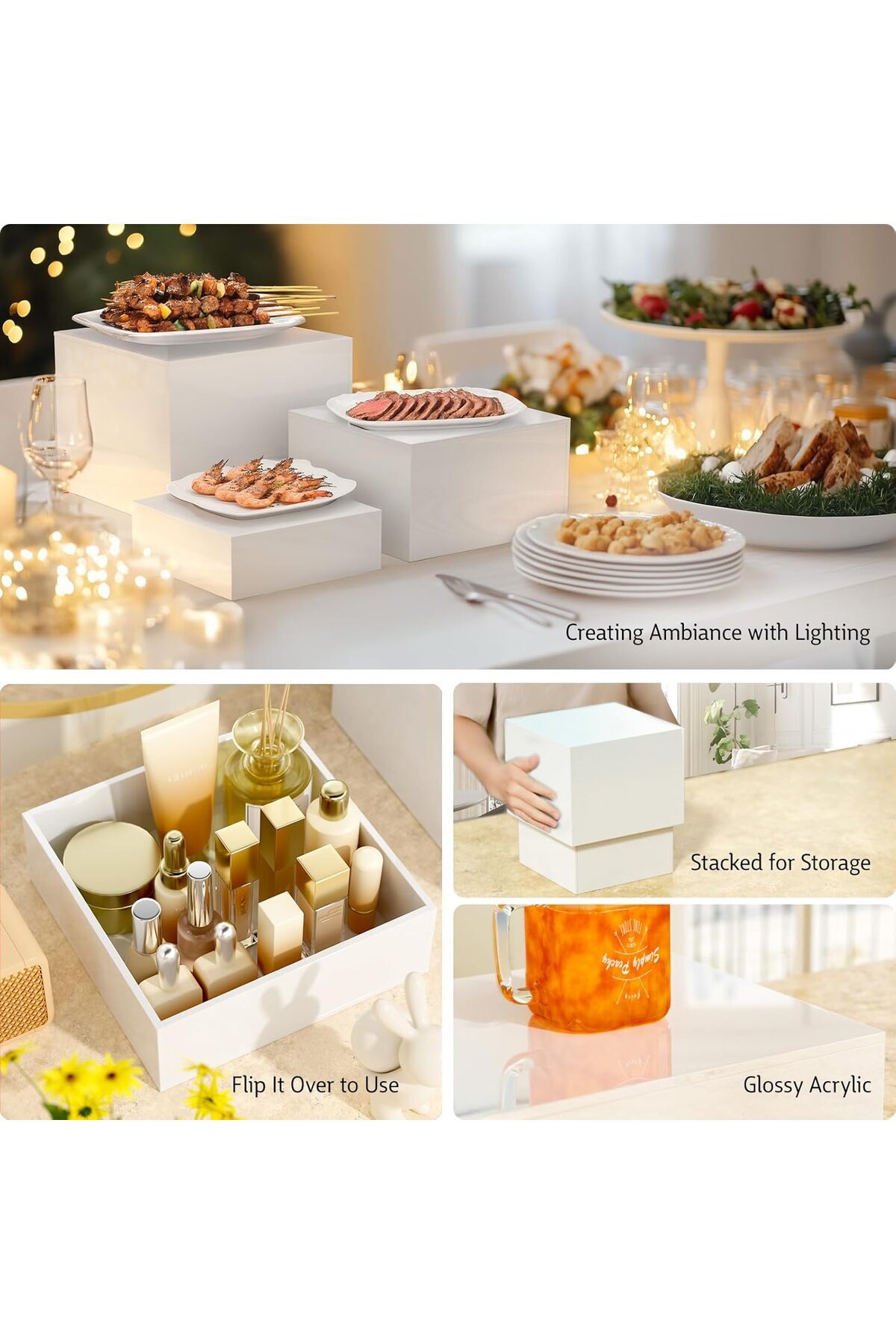 Generic-Food Risers for Buffet Table, Display Stand Shelf with Hollow Bottoms 3PCS 8''x9''x10'' (White) 7