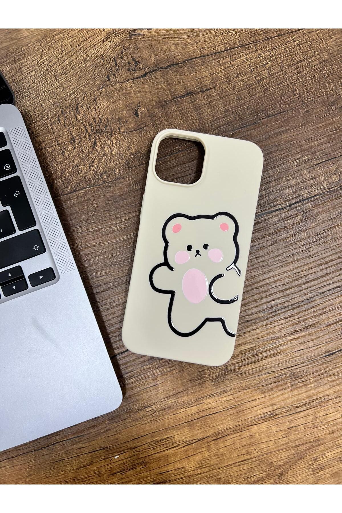 HZR Iphone 13 Bej Ayıcık Desenli Silikon Kılıf
