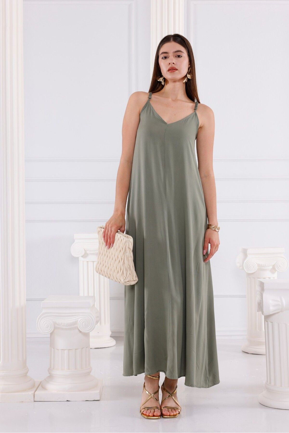 Pulli Collection Sade Acı Kahve Viskon Maxi Elbise