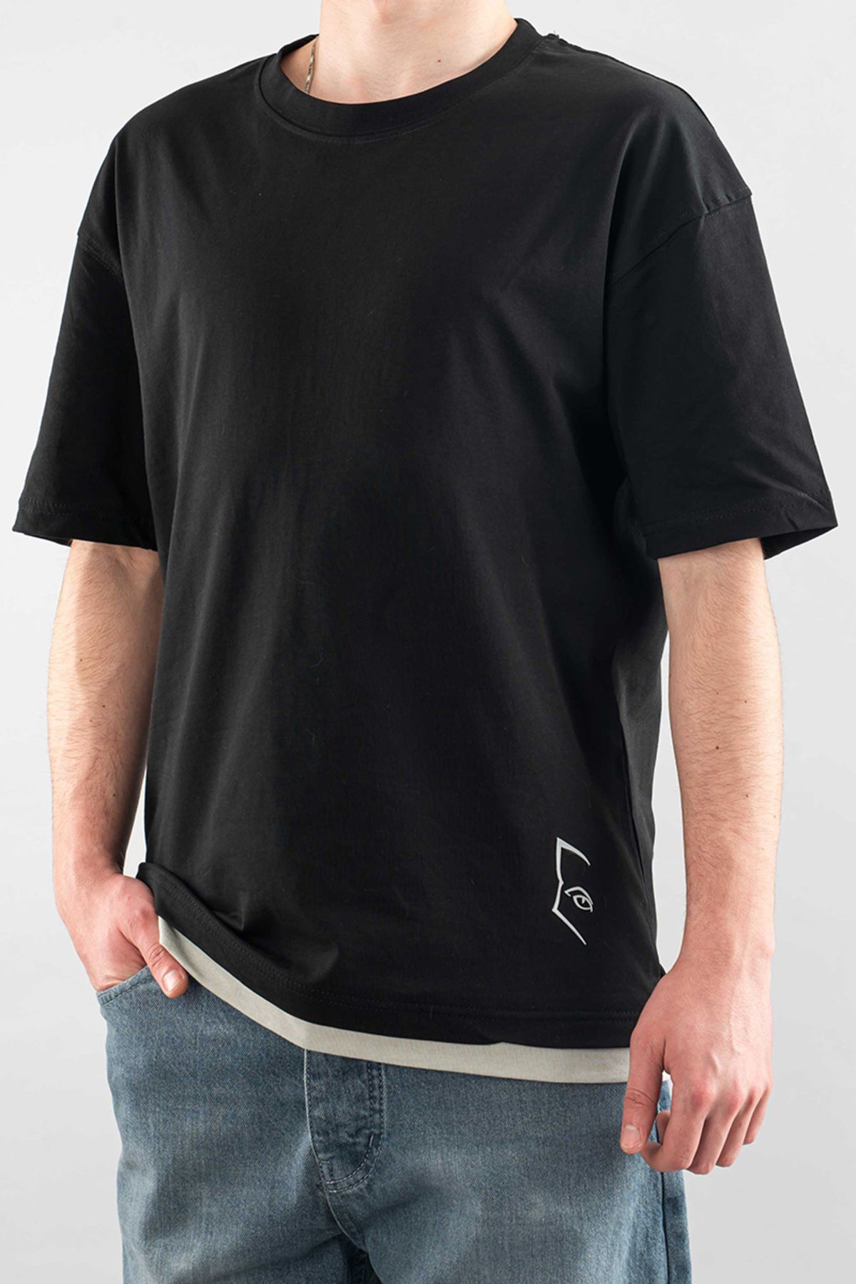 bombe Erkek Özel Bisiklet Yaka Tişört Basic Yarı Owersize Düz Baskılı T-Shirt