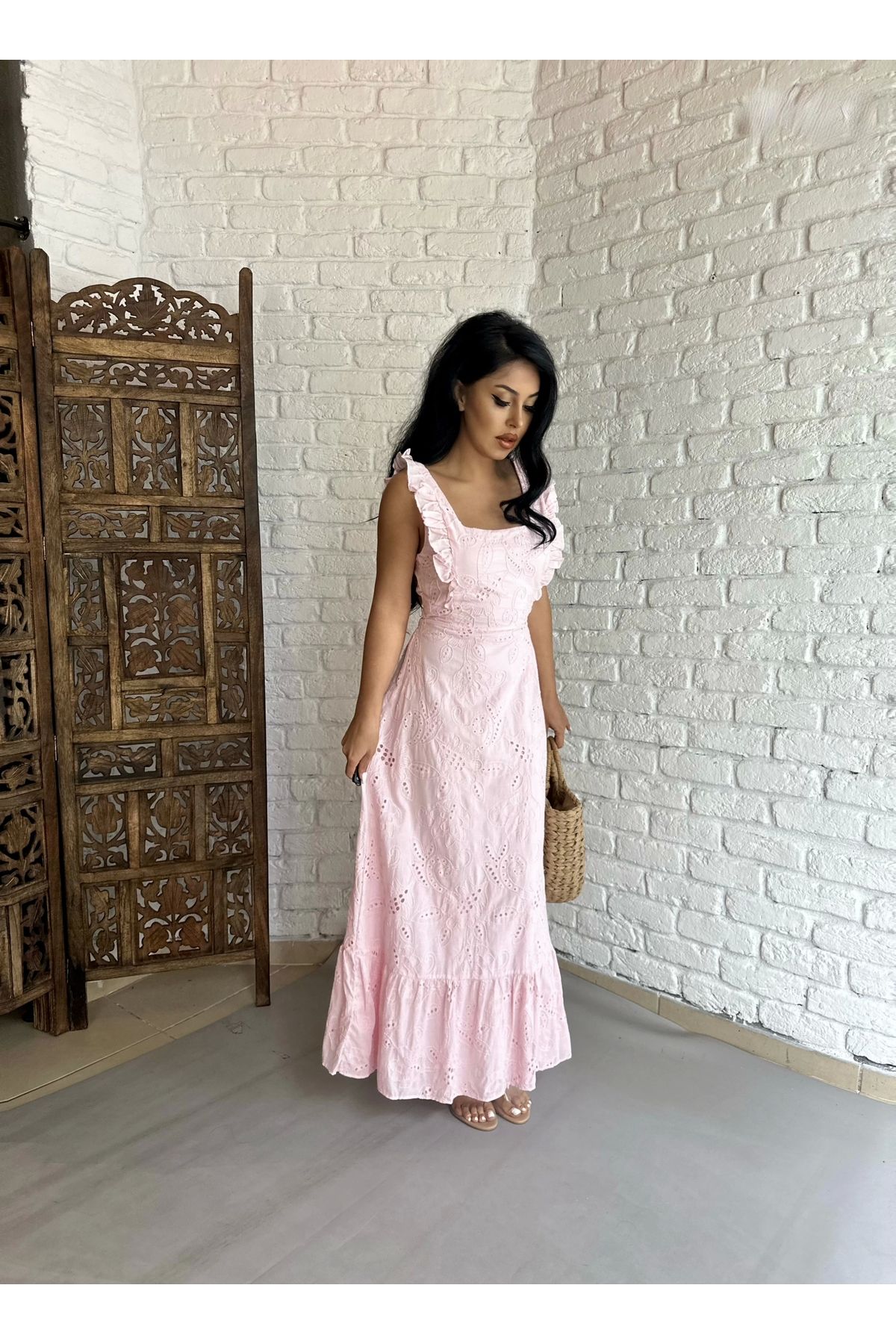 moneta boutique Kadın Fiyonk Bağlama Detaylı Sırt Dekolteli Fırfırlı Fisto Elbise
