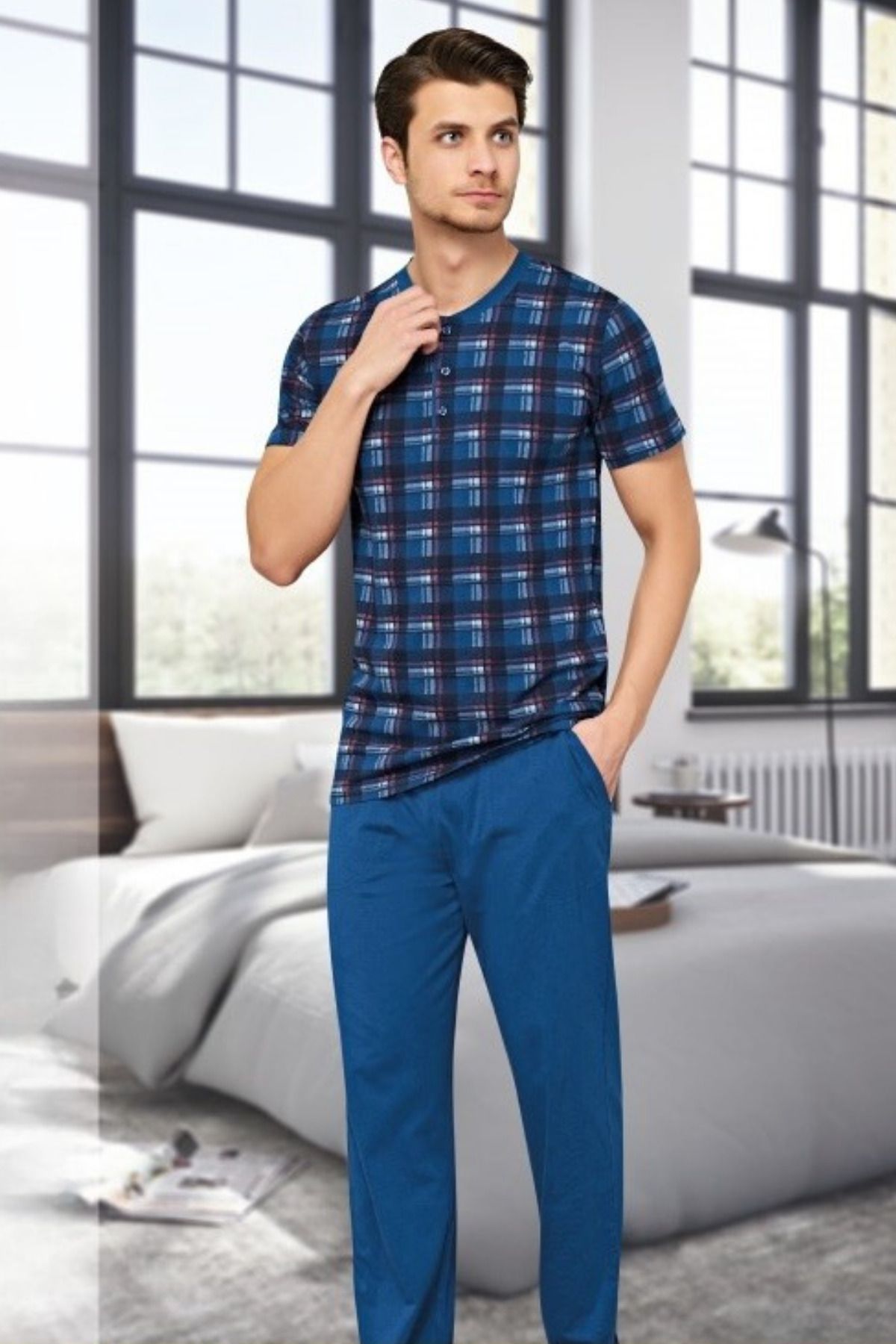 Cotpark Erkek Pamuklu Likralı Kısa Kollu Basıc Tişört Pantolon Pijama Takımı 545