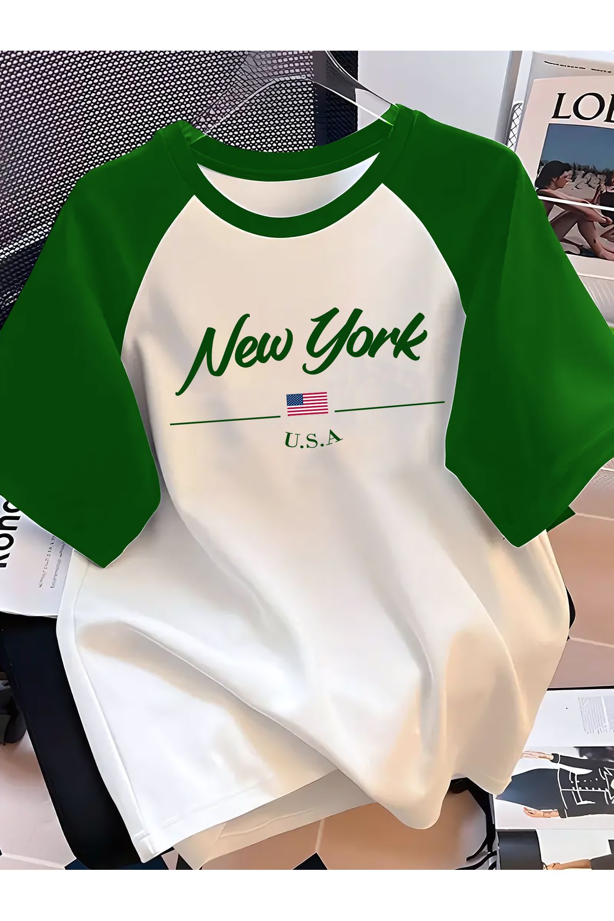 C&C OKULCUNUZ Unisex Terletmez Dayanıklı T-Shirt | New York Yazı Tasarım Baskılı Nefti Reglan Kol