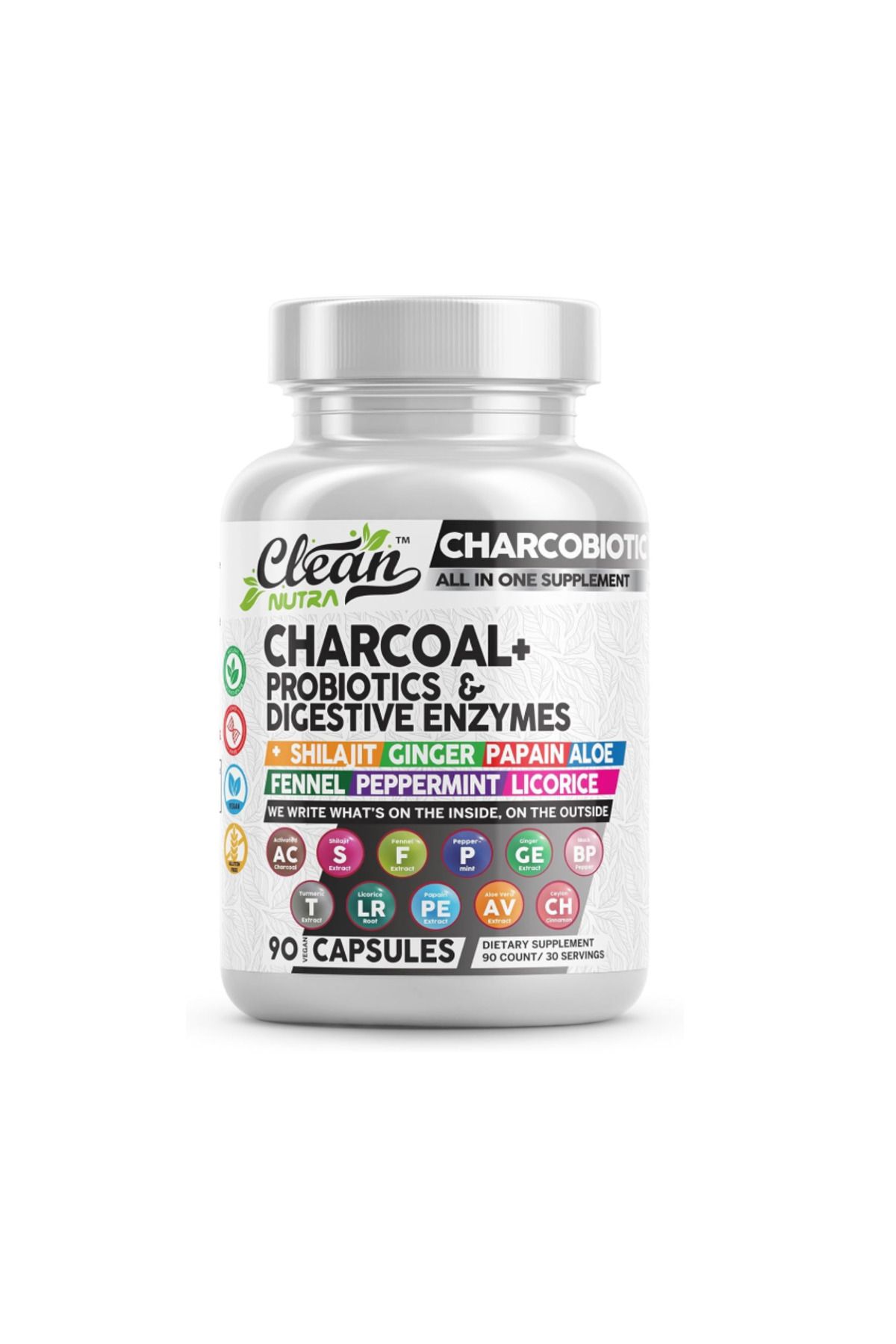 Clean Nutraceuticals , Activated Charcoal Shilajit 5000mg Pills Probiotic 200 Billion Digestive Enzymes 90 Capsules
