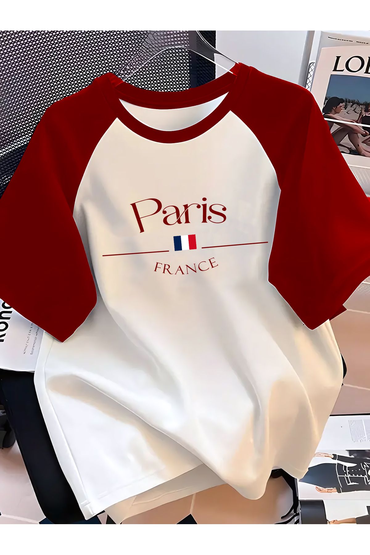 SELF CONTROL Unisex Terletmez Dayanıklı T-Shirt | Paris Yazı Tasarım Baskılı Kırmızı Reglan Kol