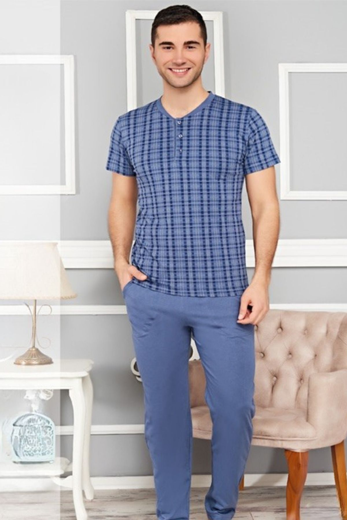Cotpark Erkek Pamuklu Likralı Kısa Kollu Basıc Tişört Pantolon Pijama Takımı 546
