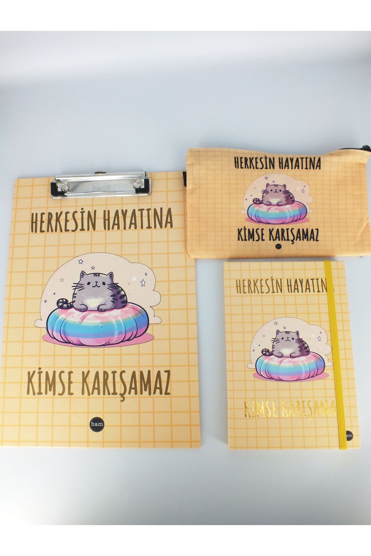 Bam Sekreterlik Seti Lastipli Sert Kapak Defter Bez Çanta Kalemlik Renkli Mottolu
