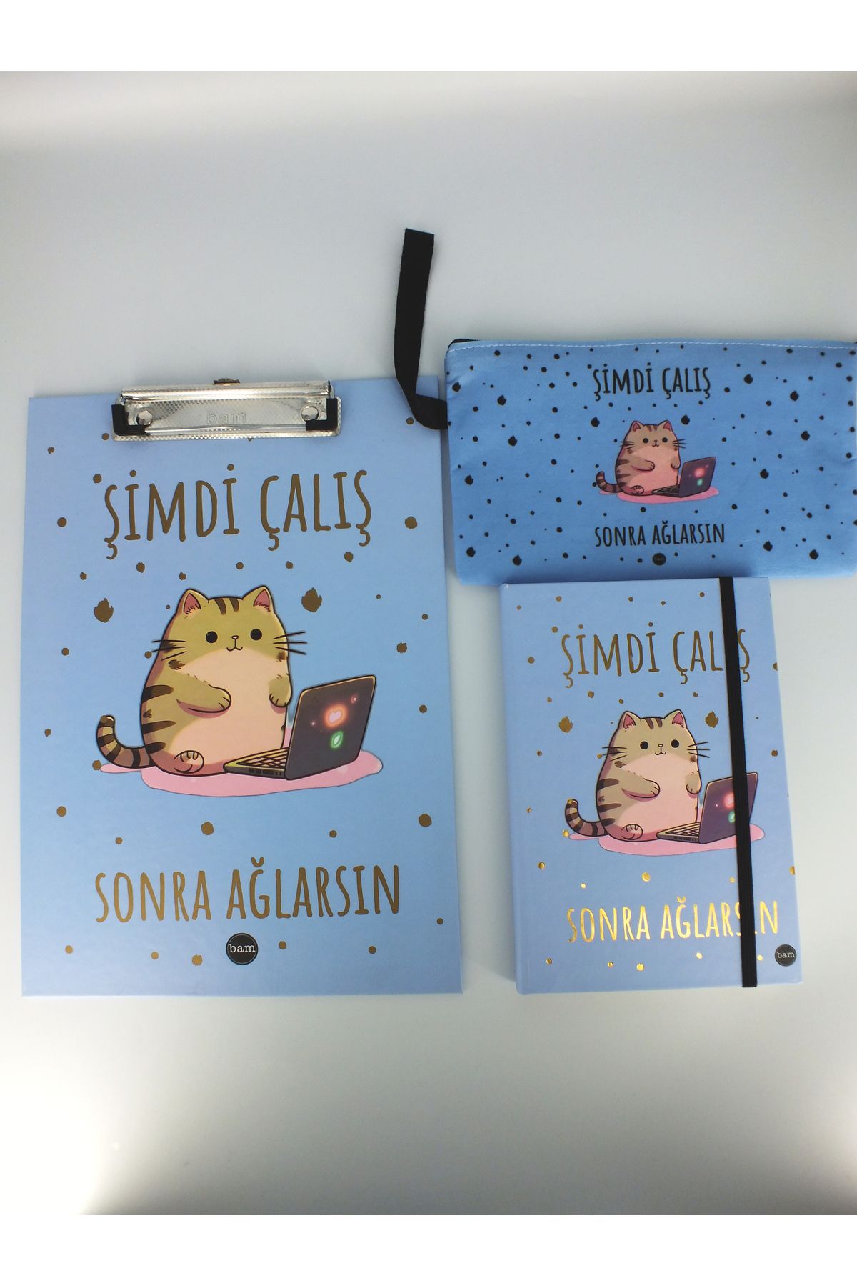Bam Sekreterlik Seti Lastipli Sert Kapak Defter Bez Çanta Kalemlik Renkli Mottolu