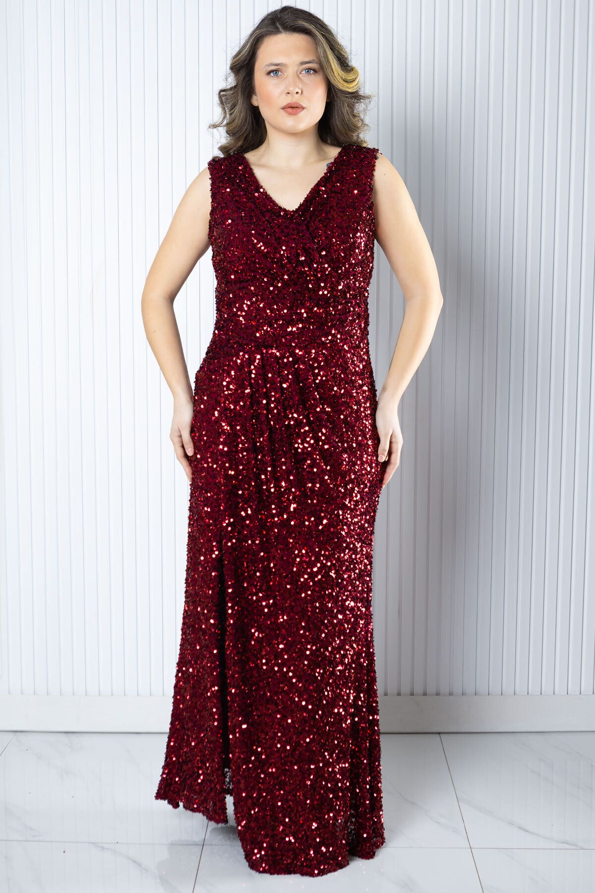SUBU TASARIM Pul Payetli Abiye Elbise Bordo TBS372
