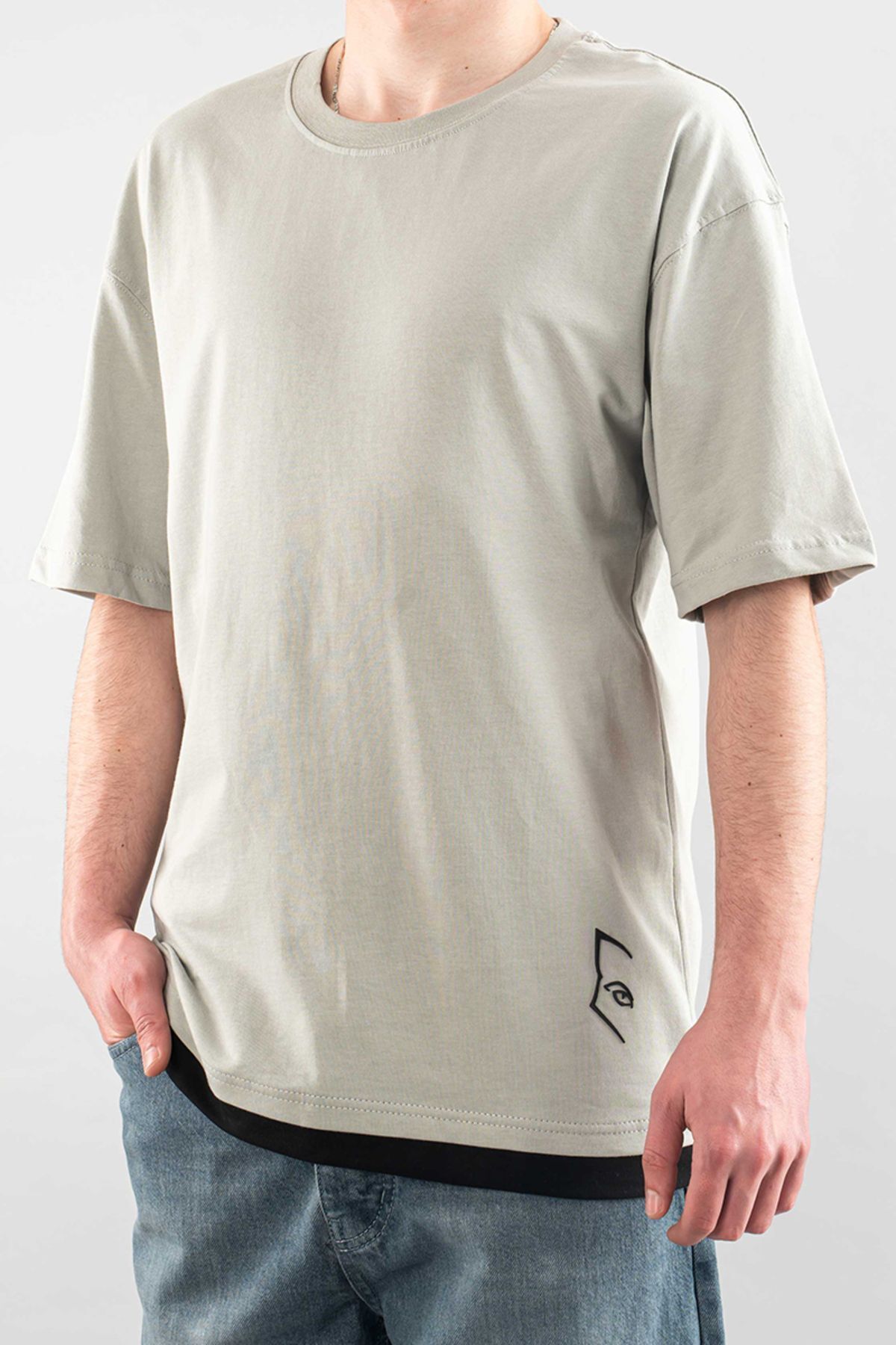 bombe Erkek Özel Bisiklet Yaka Tişört Basic Yarı Owersize Düz Baskılı T-Shirt