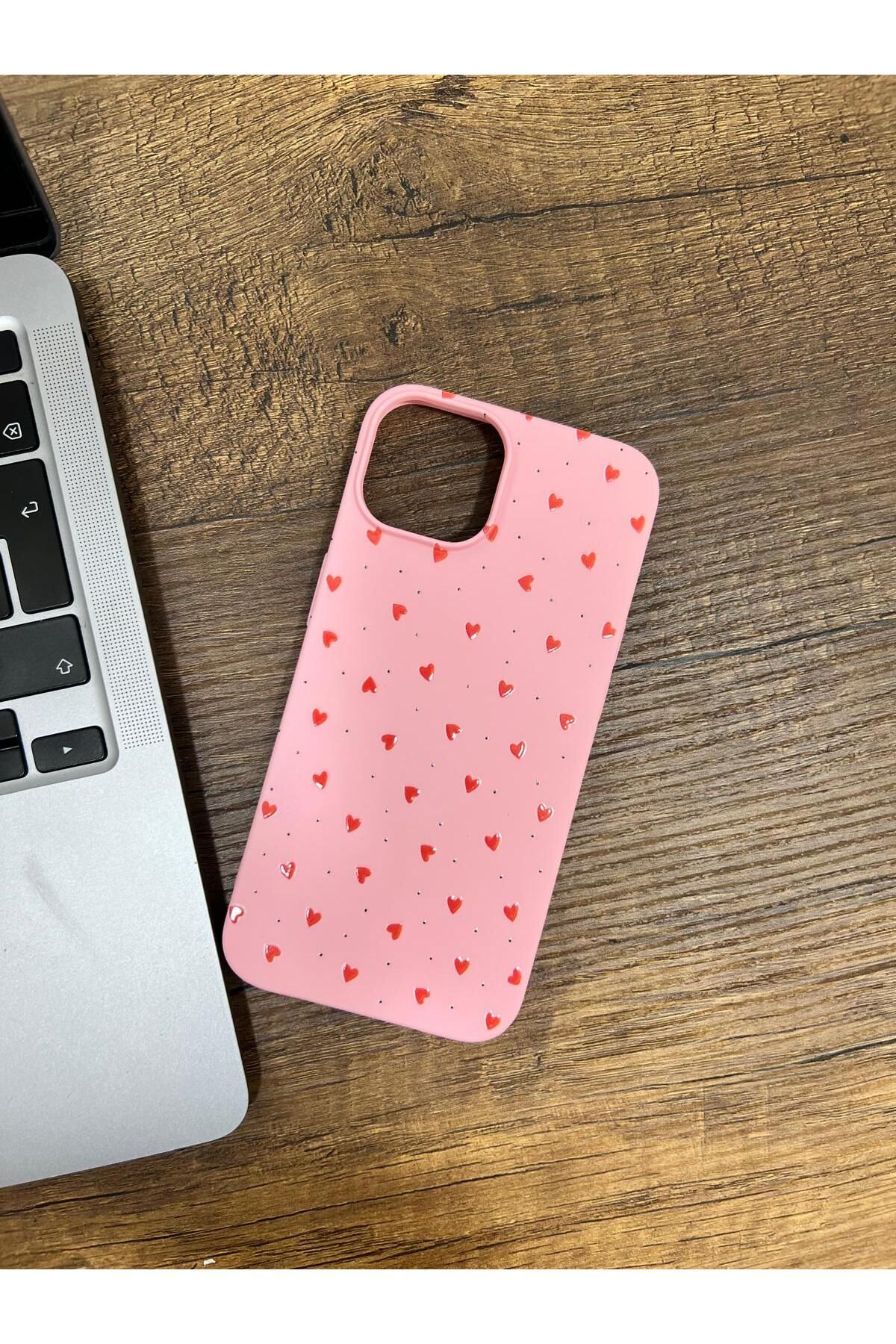 HZR Iphone 13 Pembe Kalp Desenli Silikon Kılıf