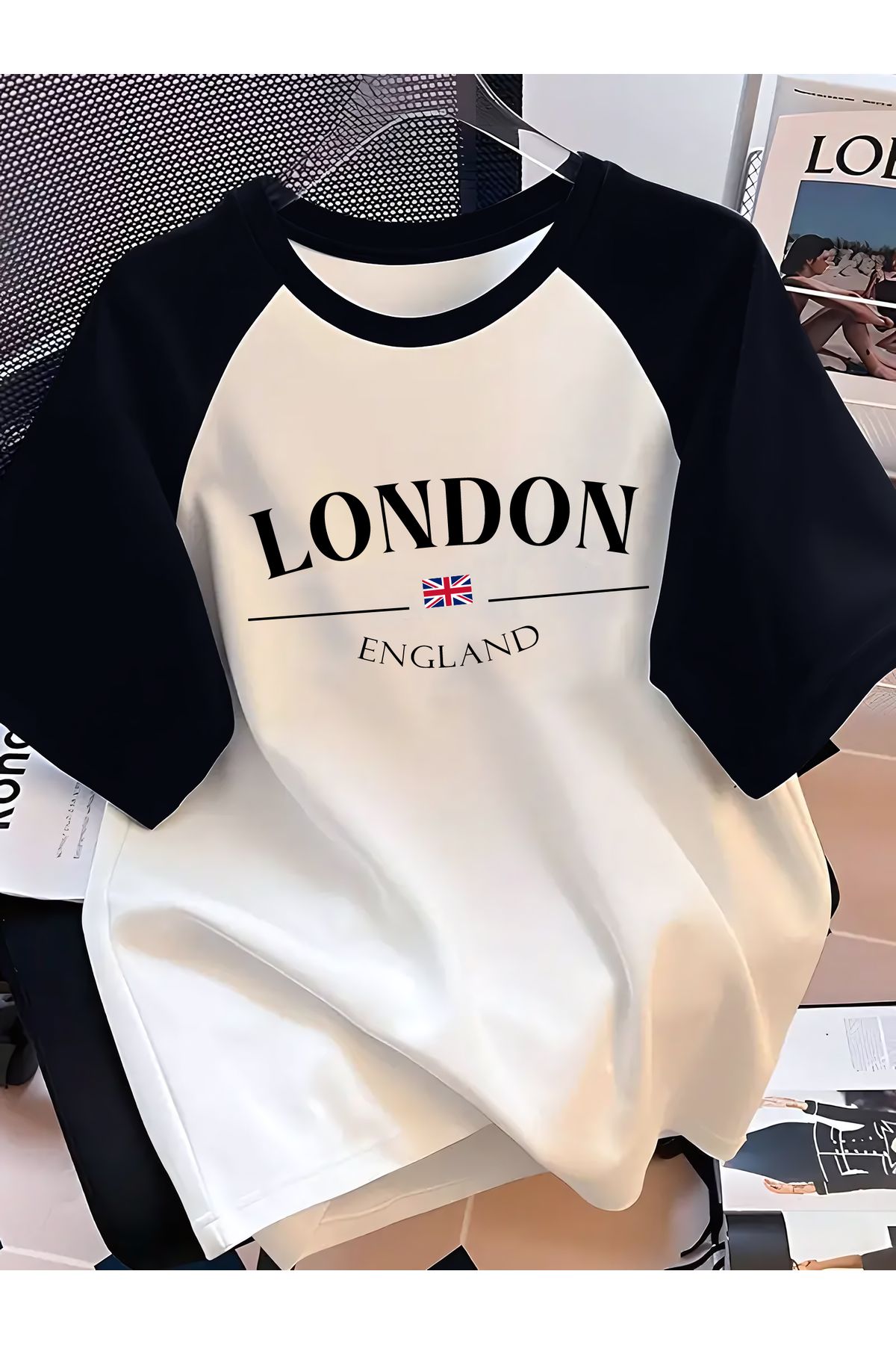 C&C OKULCUNUZ Unisex Terletmez Dayanıklı T-Shirt | London Yazı Tasarım Baskılı Siyah Reglan Kol