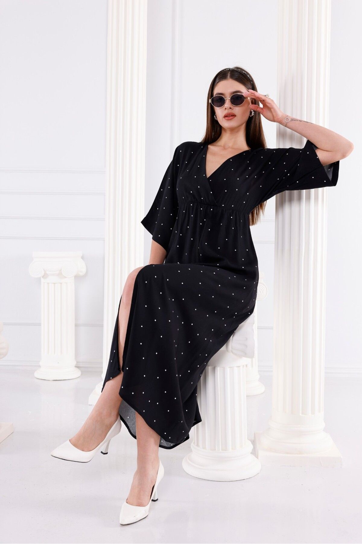 Pulli Collection Kruvaze - Yarasa Kol Puantiyeli Elbise