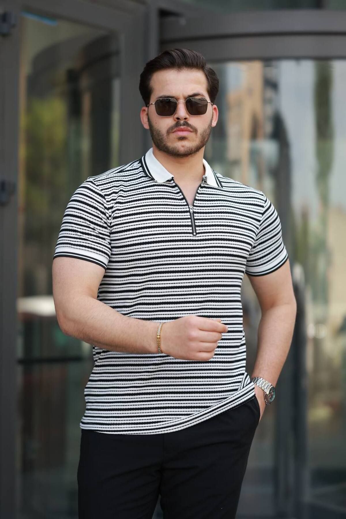 ROBERTO BORNOVA Gofre Örmeli Çizgili Polo Yaka Yarım Fermuarlı Tshirt