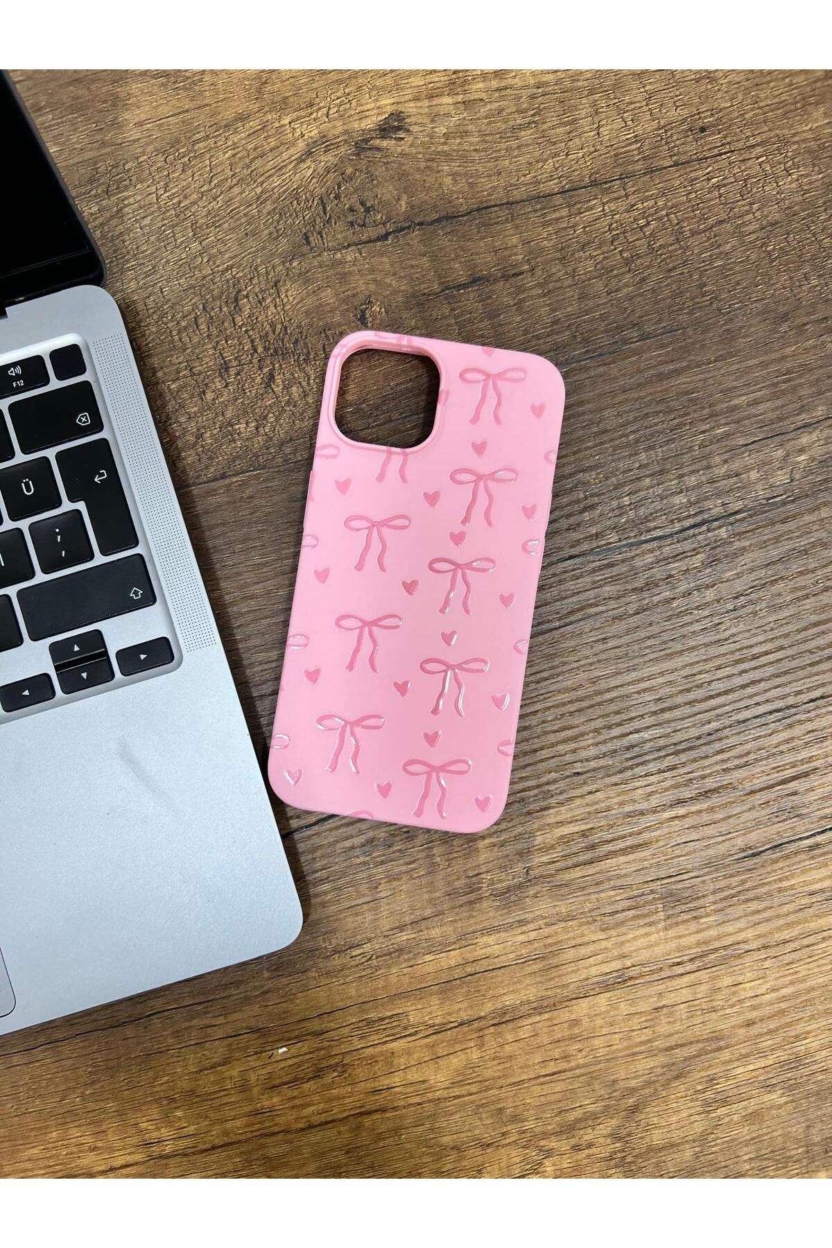 HZR Iphone 14 Pembe Küçük Kurdele Desenli Silikon Kılıf