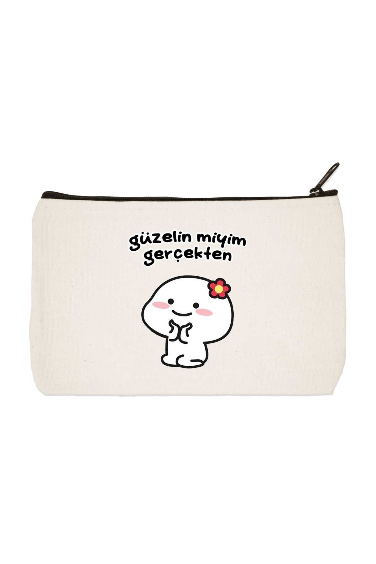 BİBANAPROMOSYON Güzelin Miyim Gerçekten? Baskılı Bez Makyaj Çantası, Kalemlik, El Çantası