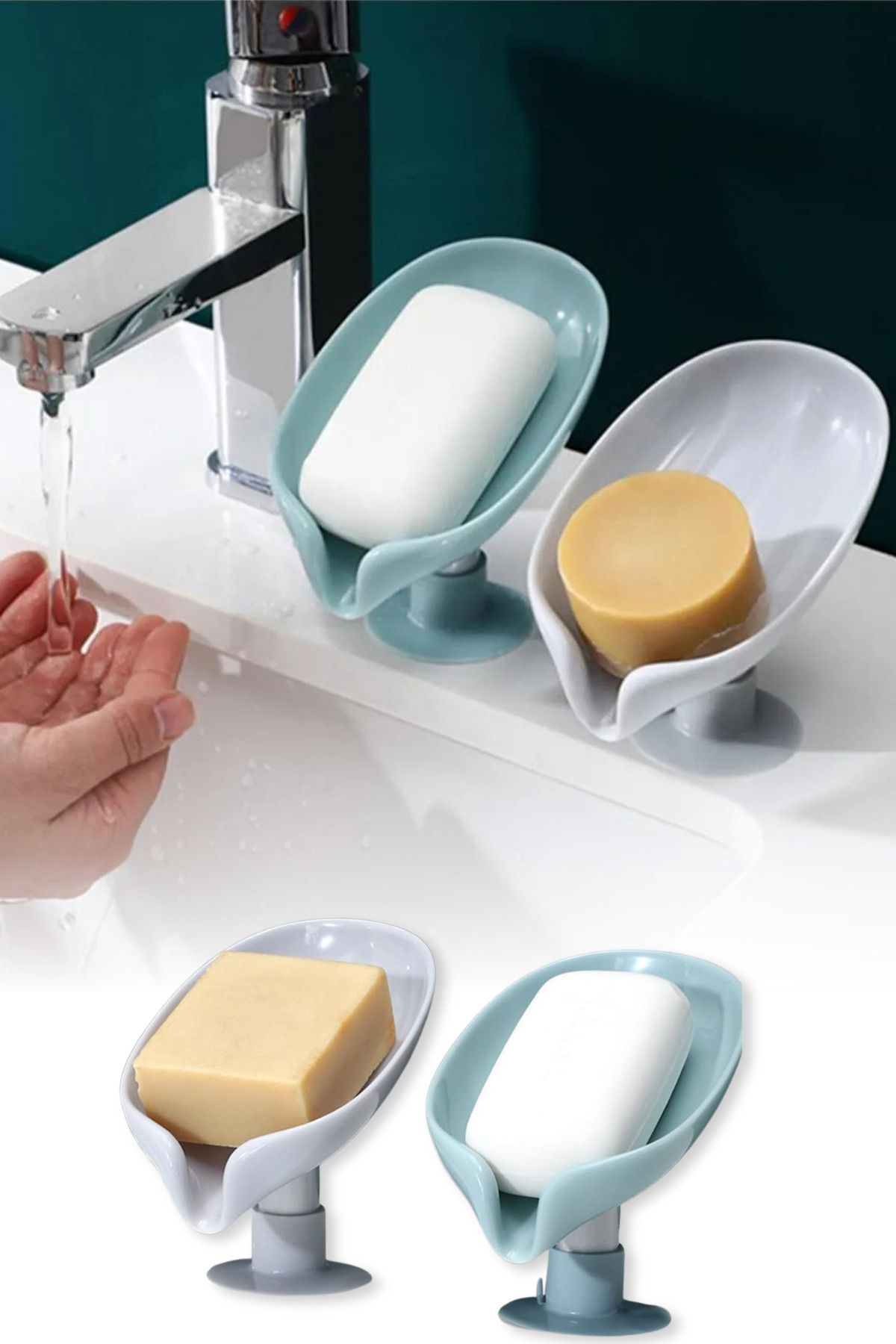 omilife Yeşil ve Gri Vantuzlu Su Giderli Sabunluk Şık Tasarımlı Su Tutmaz Katı Sabunluk