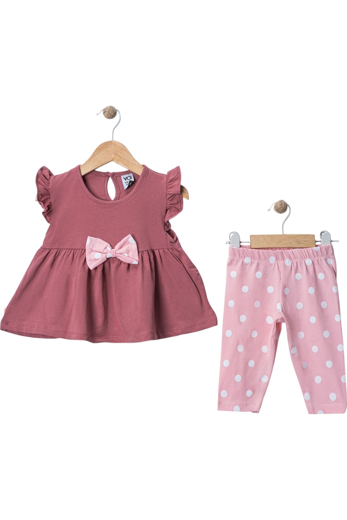 Nimini Kids Yazlık Fiyonk Ve Fırfır Detaylı Puantiyeli Kız Bebek T-Shirt Kapri TaytlıTakım (6-18 ay arası)