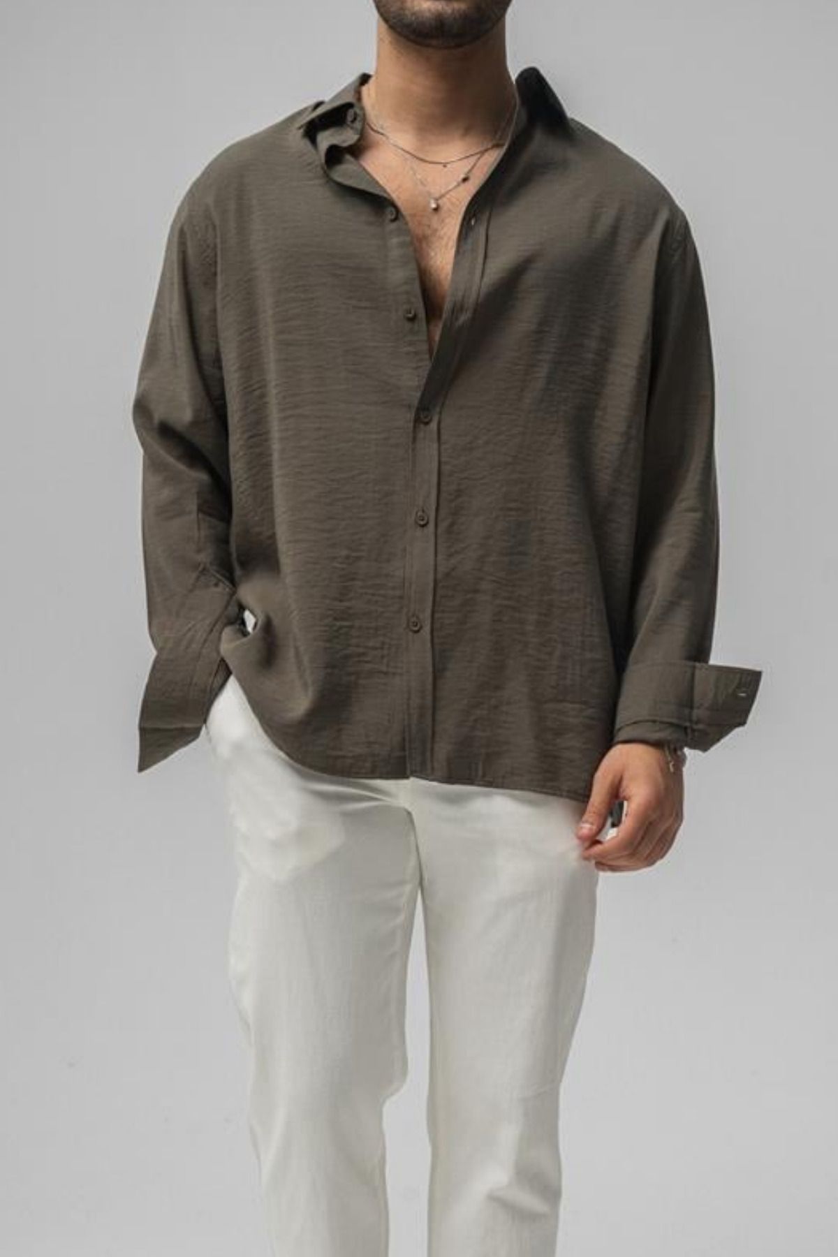 COOL TARZ Erkek Haki Düz Keten Oversize Gömlek