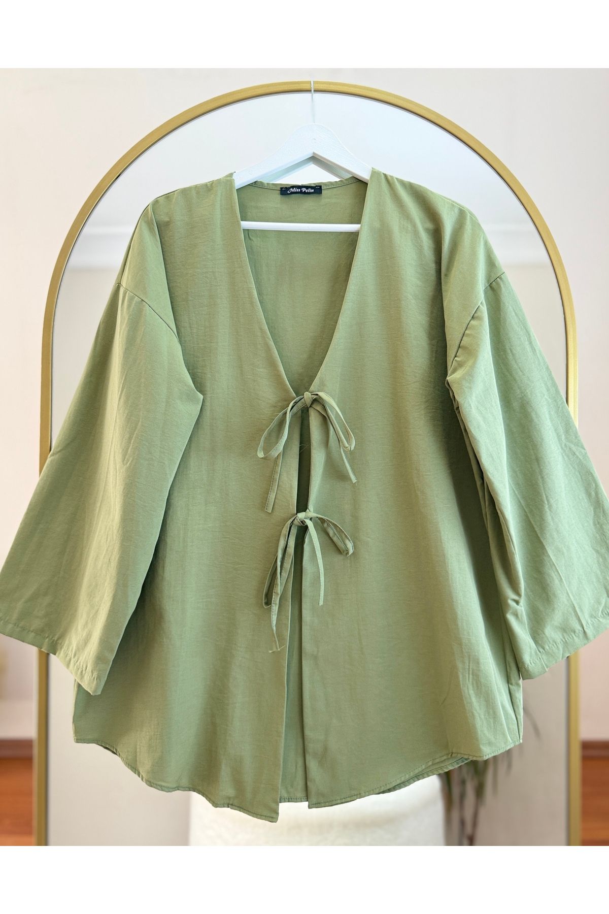 Bahar Altundemir Kadın Önü Bağlamalı Kimono Poplin Tunik Gömlek Tesettür Kimono Gömlek