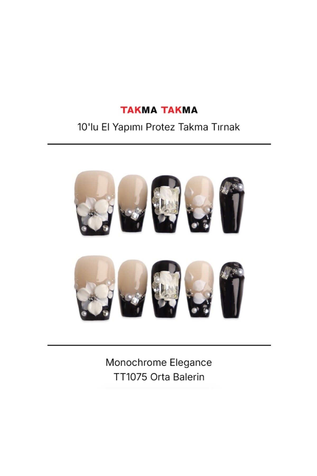 Takma Takma Tekrar Kullanılabilir El Yapımı Protez Takma Tırnak Monochrome Elegance - 10'lu - TT1075 L-Siyah
