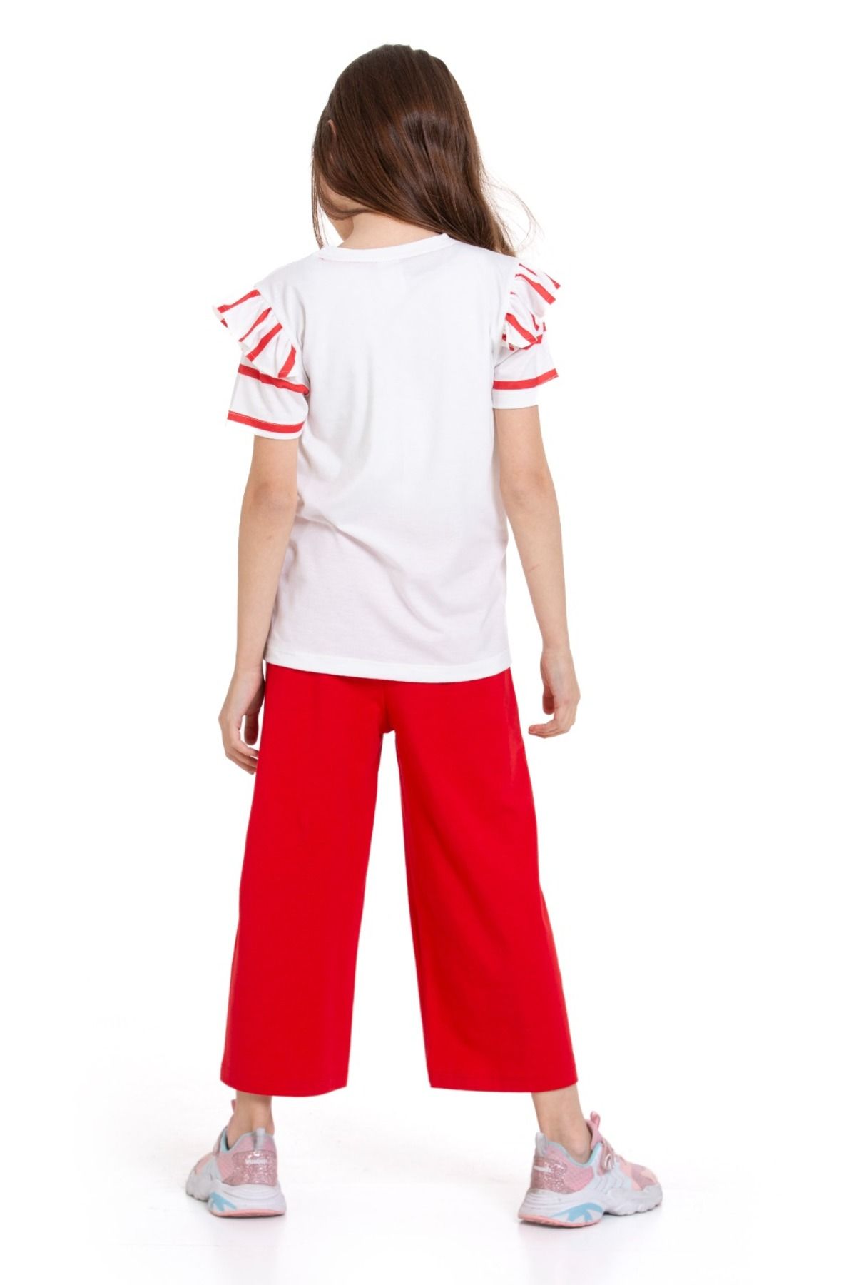 CiciTime Çocuk Modası-Girl's Sleeve Ruffled Heart Embroidered Daily Comfortable Summer Suit 4