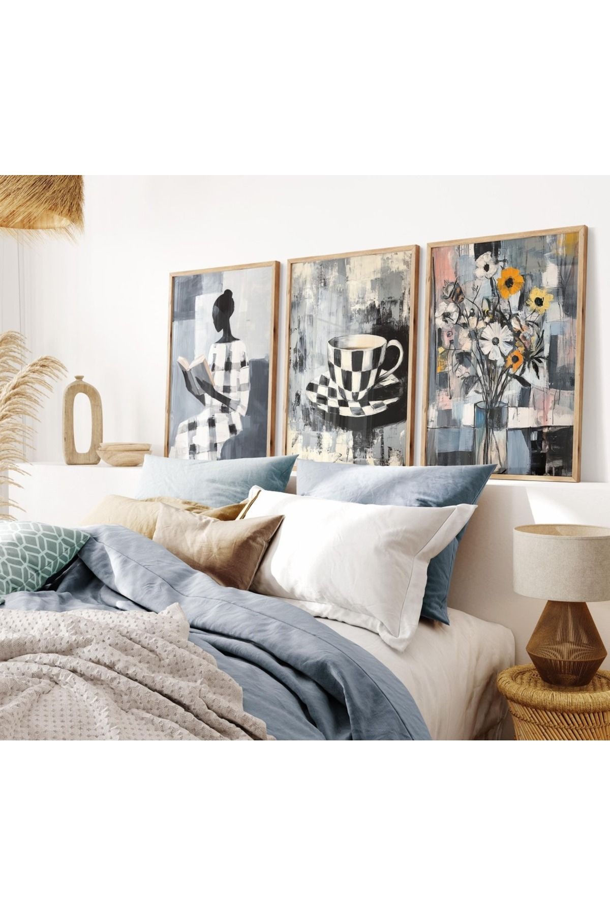 Dekorsiahome 3 Parça Ahşap Çerçeveli Oturma Odası Salon Mutfak Tablo Seti SET3066