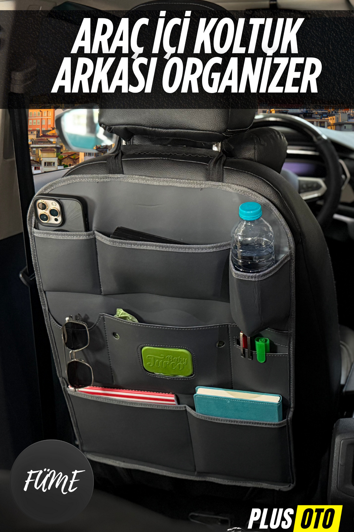PlusOto Oto Koltuk Arkası Organizer Araç İçi Toparlayıcı Çok Bölmeli Islak Mendil ve Suluklu (FÜME)